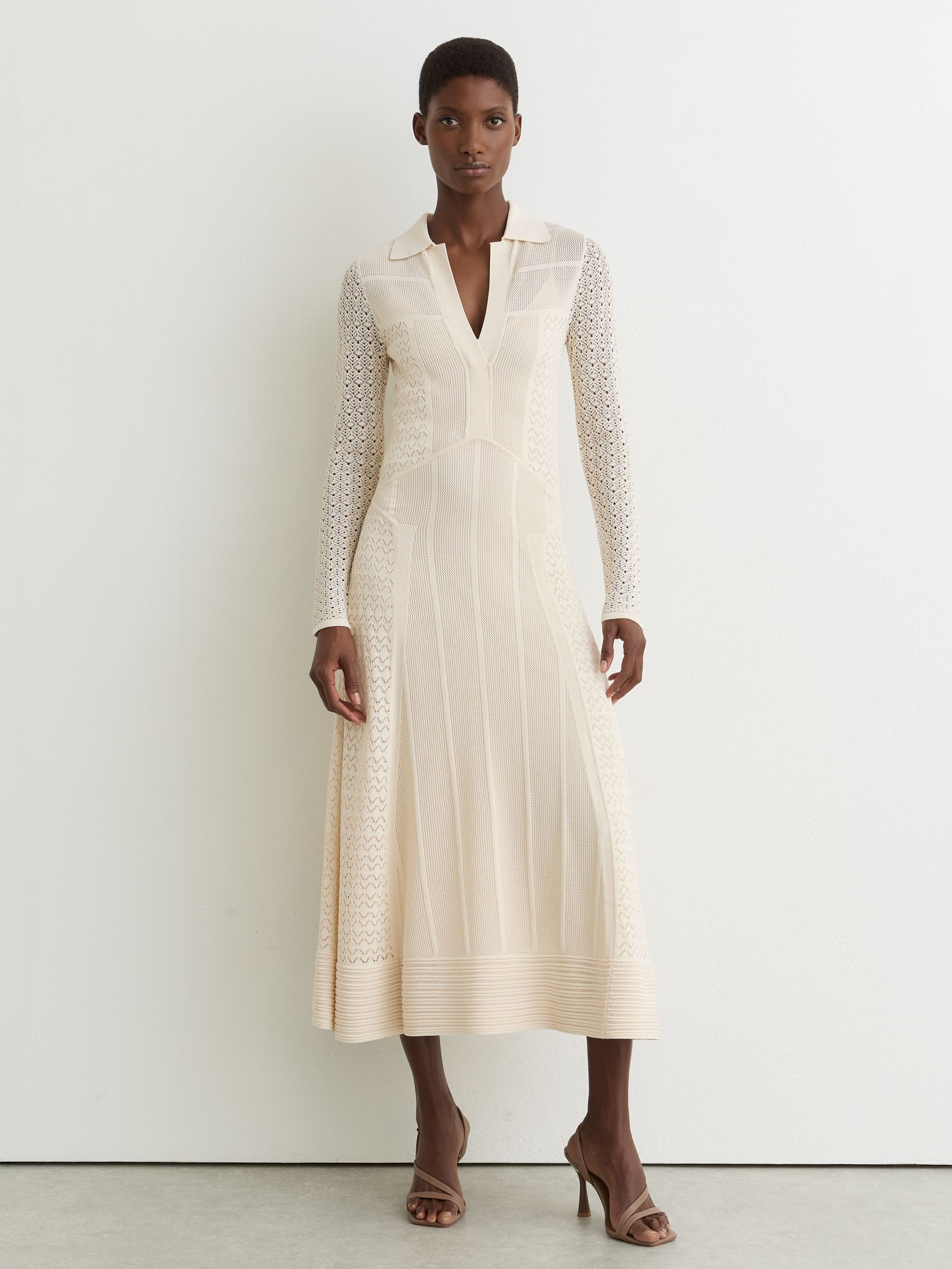 Pointelle-Knit Panelled Midi Dress in Cream - Image 1 of 7