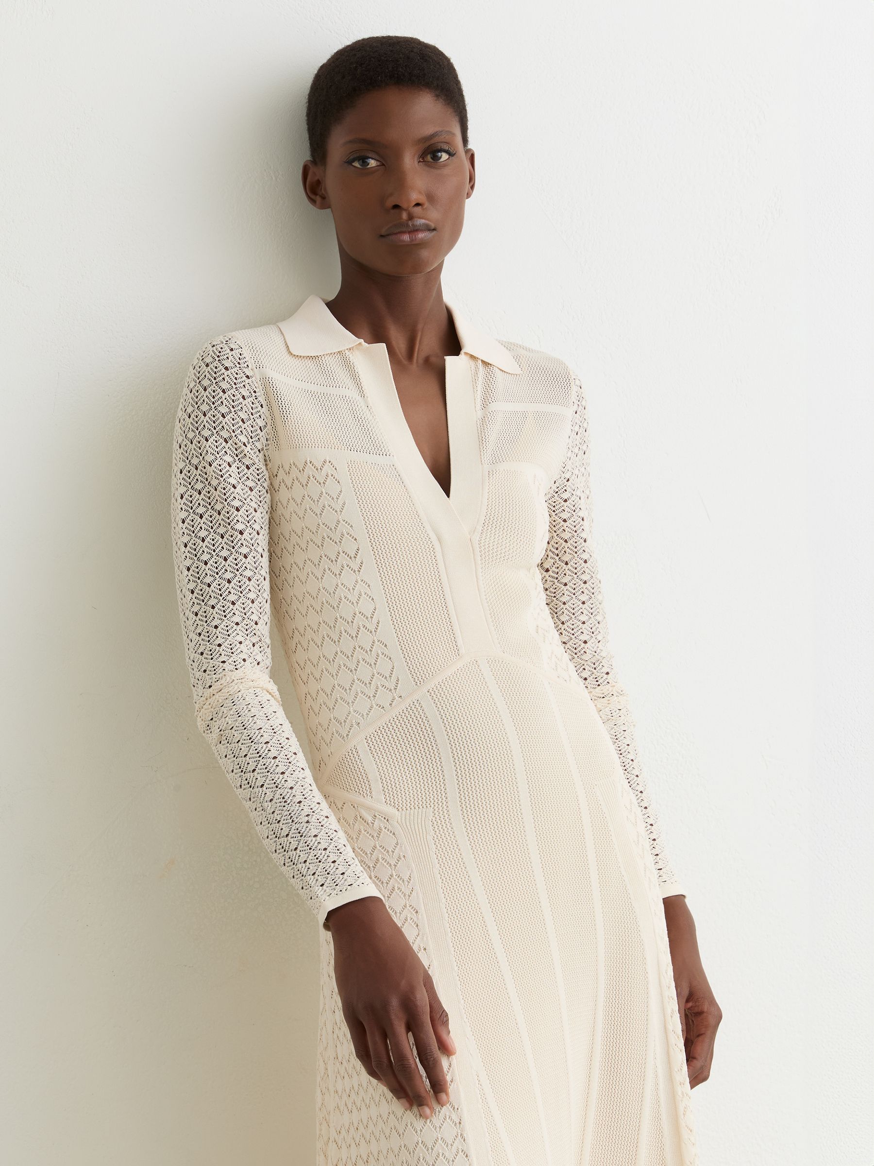 Pointelle-Knit Panelled Midi Dress in Cream - Image 3 of 7