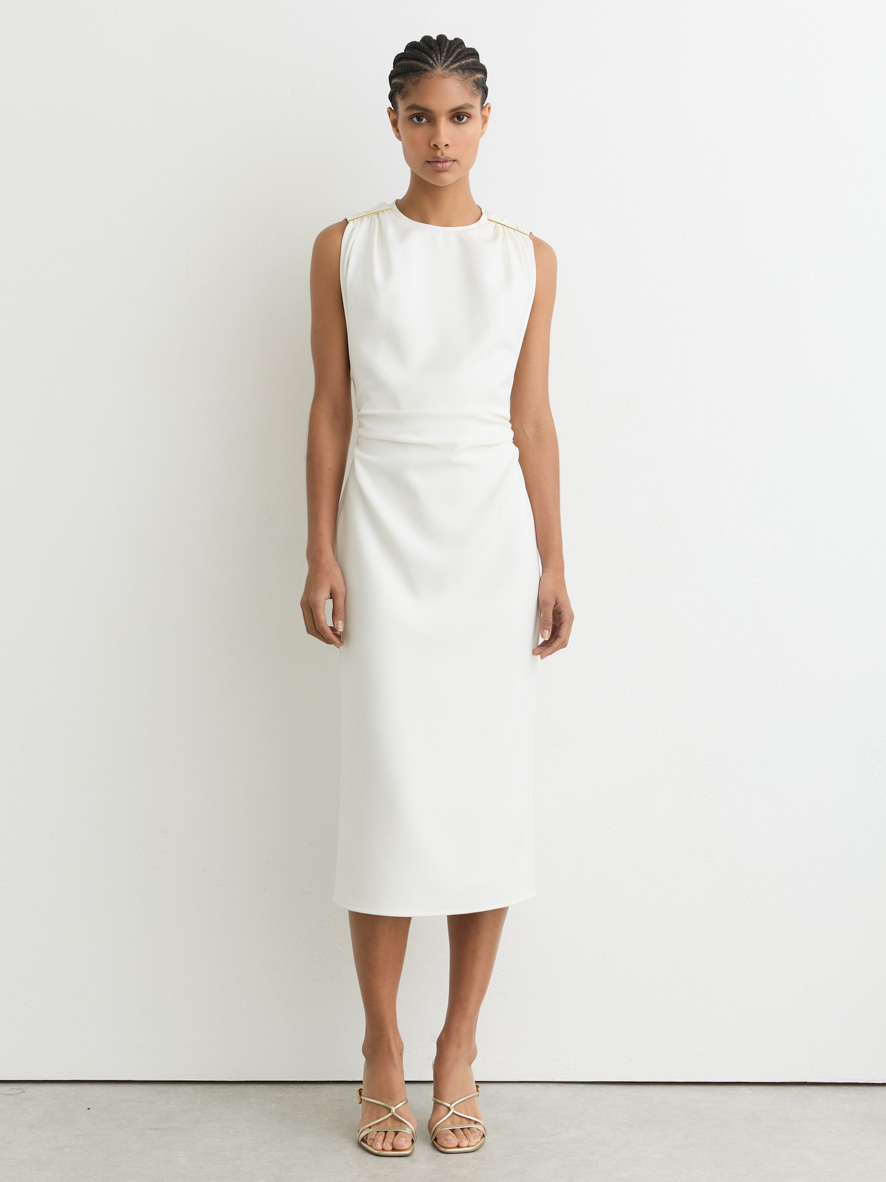 Jersey Fitted Sleeveless Midi Dress in Ivory - Image 1 of 6