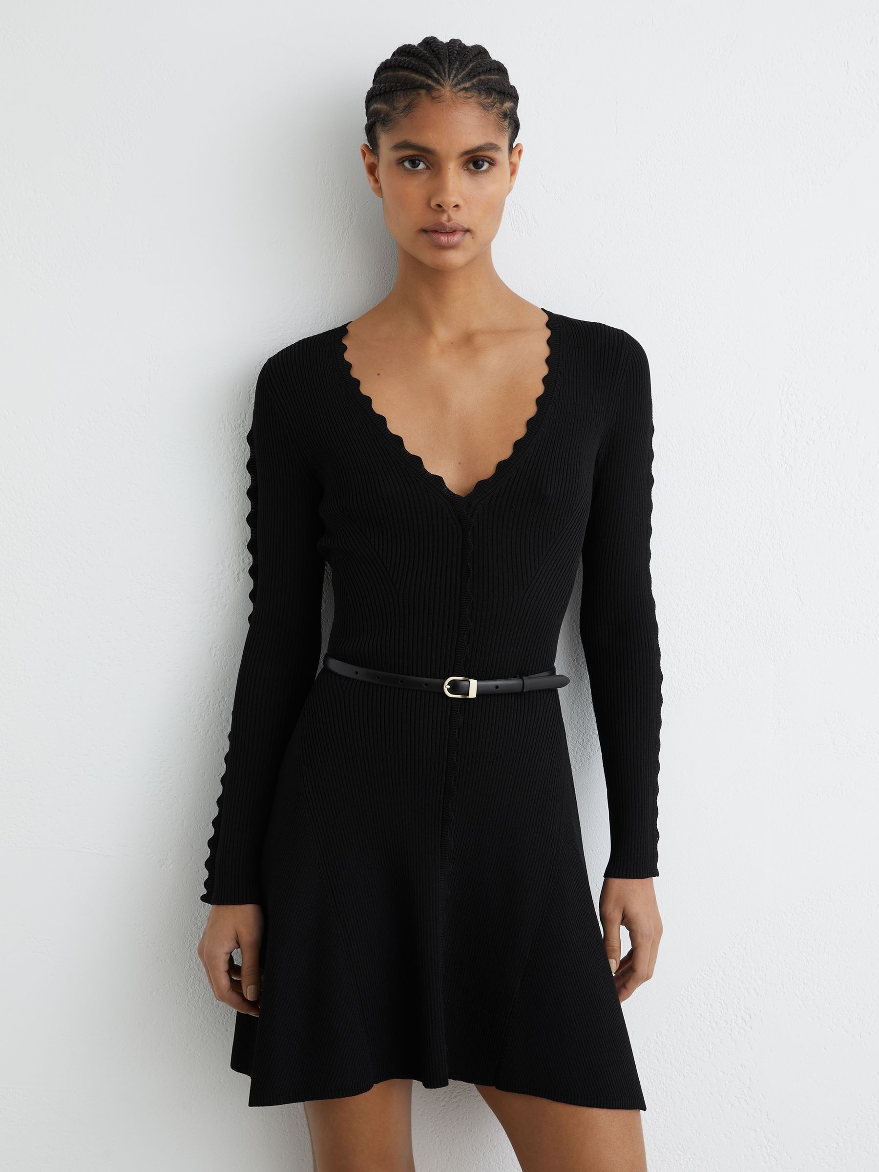 Scallop-Trim Knitted Mini Dress in Black - Image 1 of 6 Scallop-Trim Knitted Mini Dress in Black - Image 1 of 6