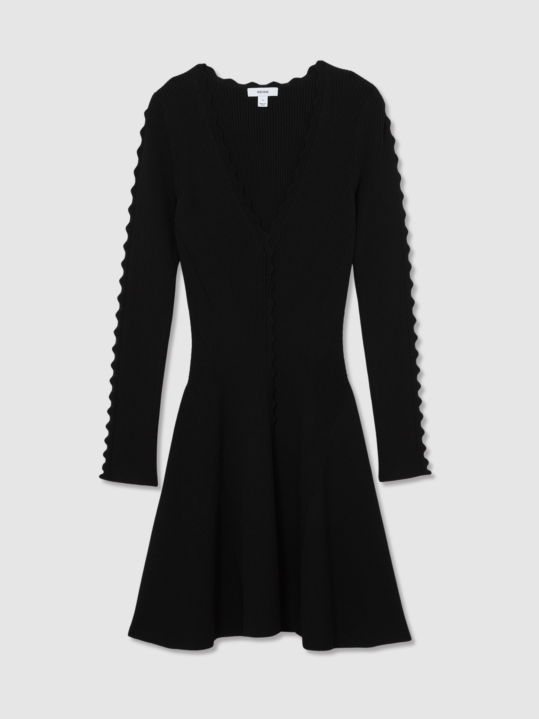 Scallop-Trim Knitted Mini Dress in Black - image 1