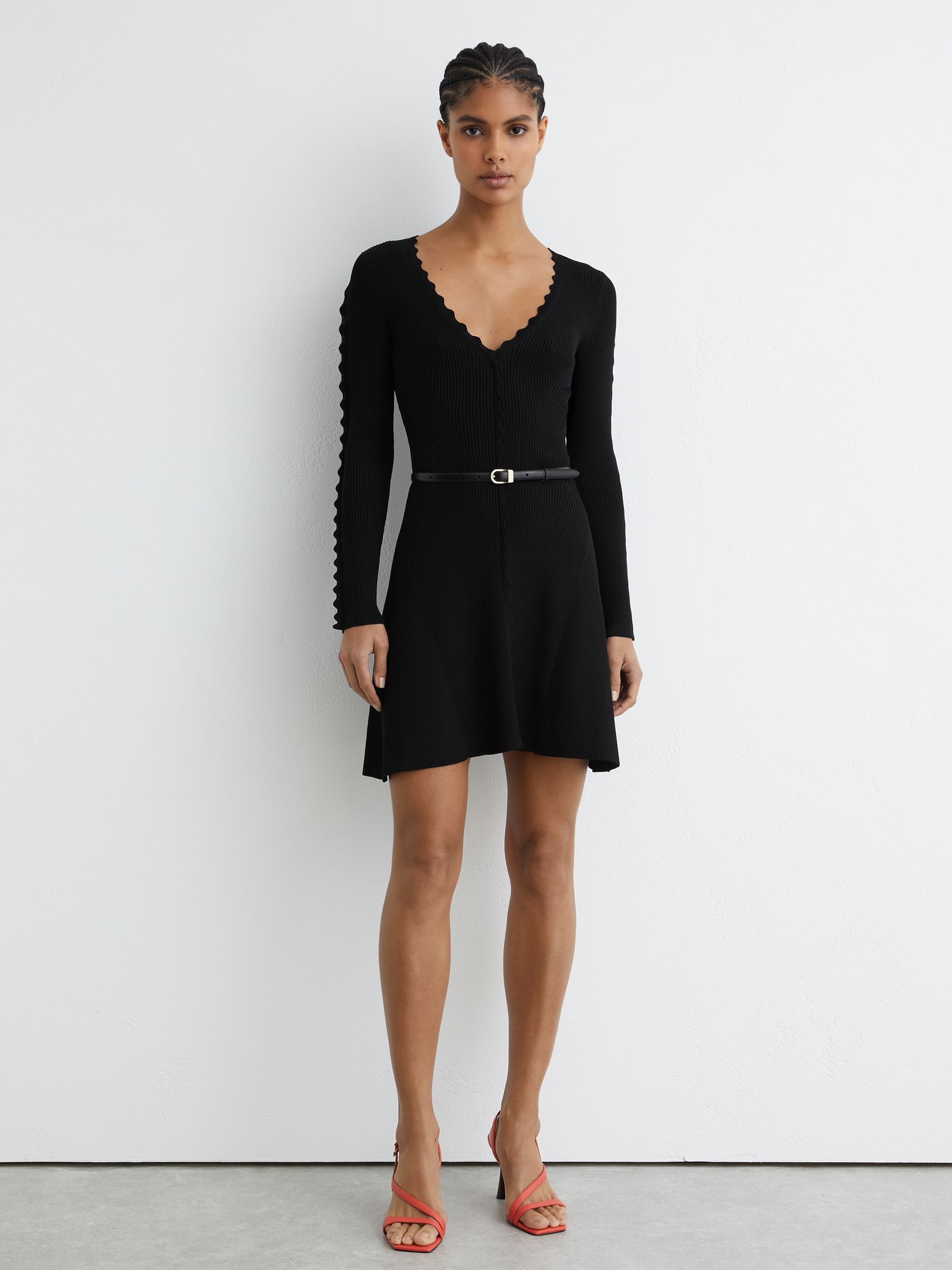 Scallop-Trim Knitted Mini Dress in Black - Image 3 of 6