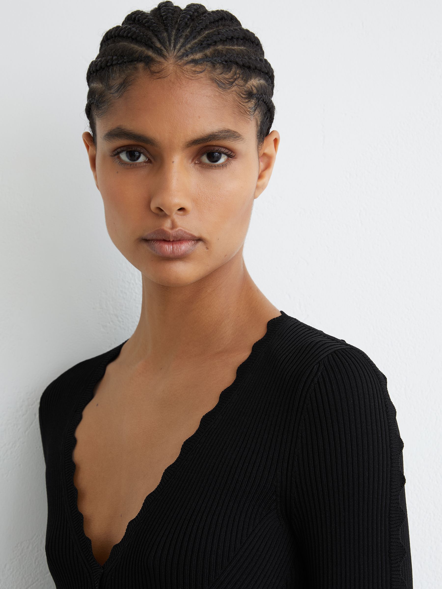 Scallop-Trim Knitted Mini Dress in Black - Image 4 of 6