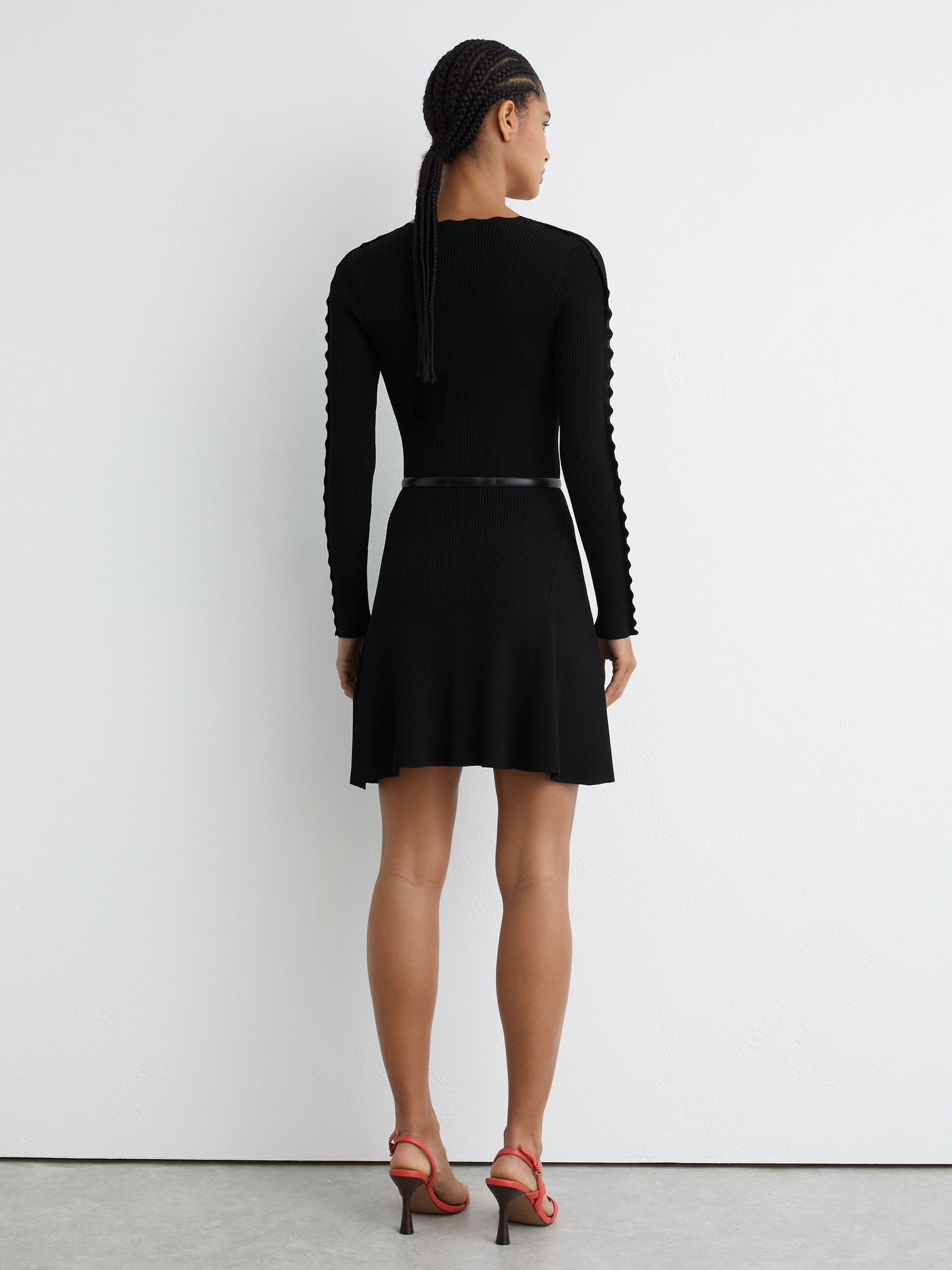 Scallop-Trim Knitted Mini Dress in Black - Image 5 of 6