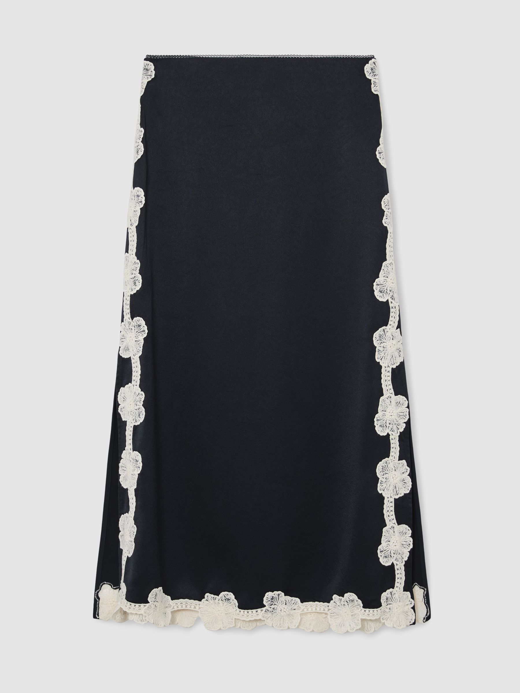 Satin Floral-Lace Trim Midi Skirt in Navy - Image 2 of 8