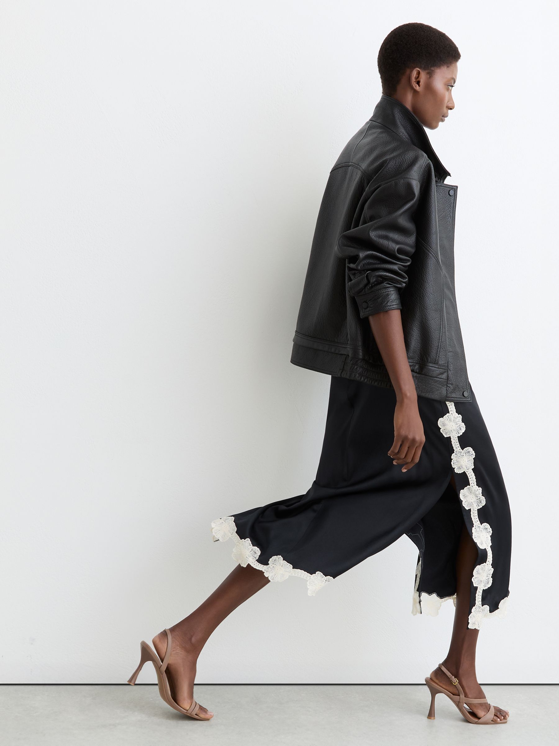 Satin Floral-Lace Trim Midi Skirt in Navy - Image 3 of 8