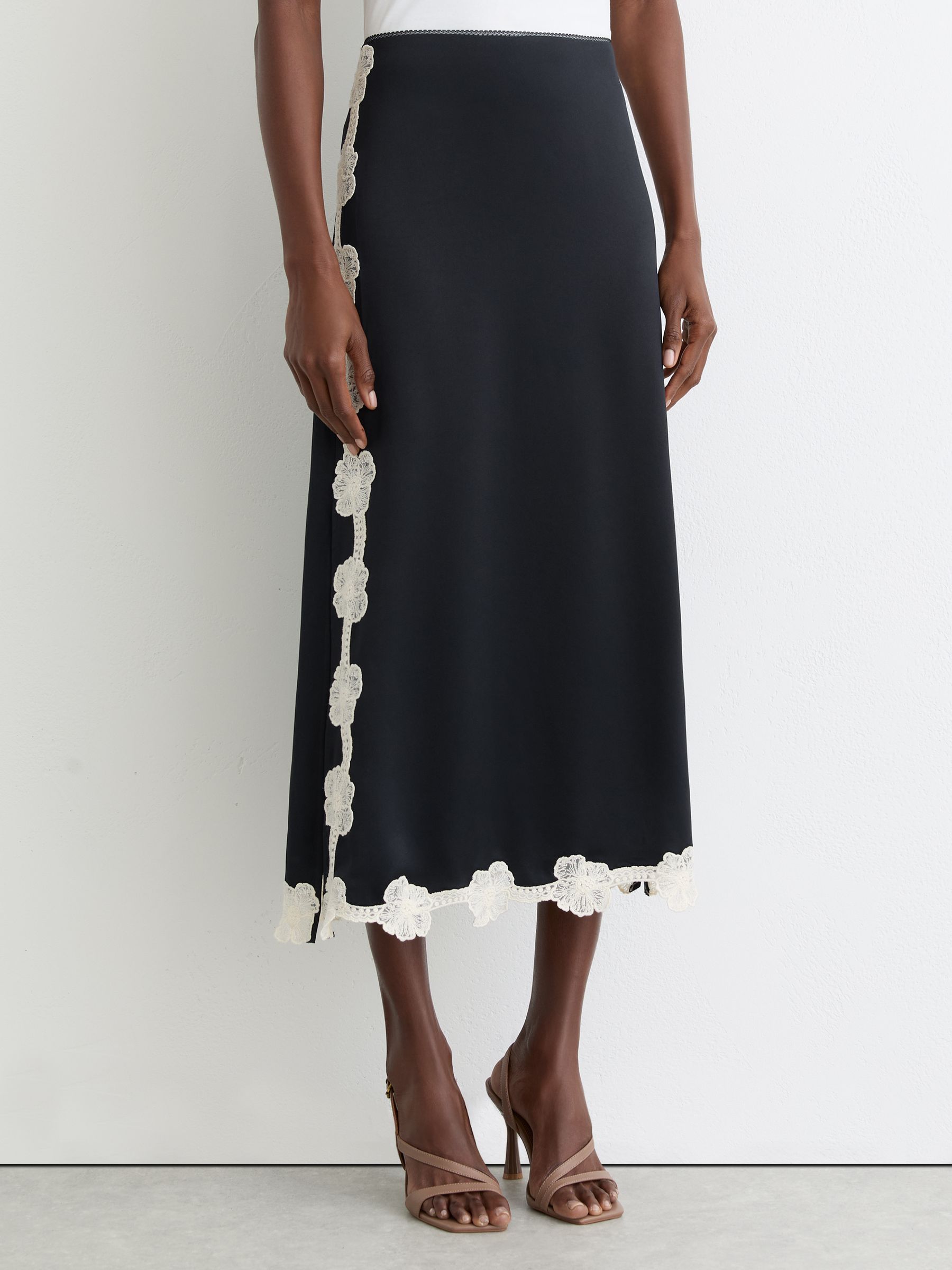 Reiss Satin Floral-Lace Trim Midi Skirt in Navy | REISS