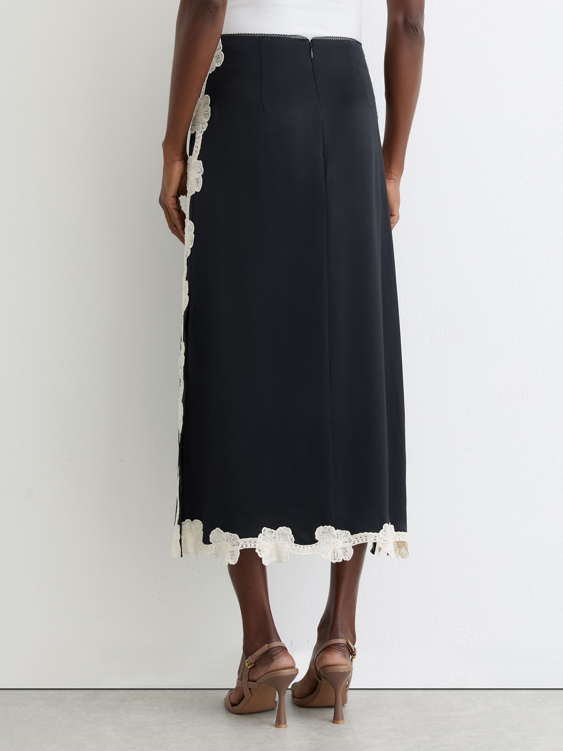 Satin Floral-Lace Trim Midi Skirt in Navy - image 4
