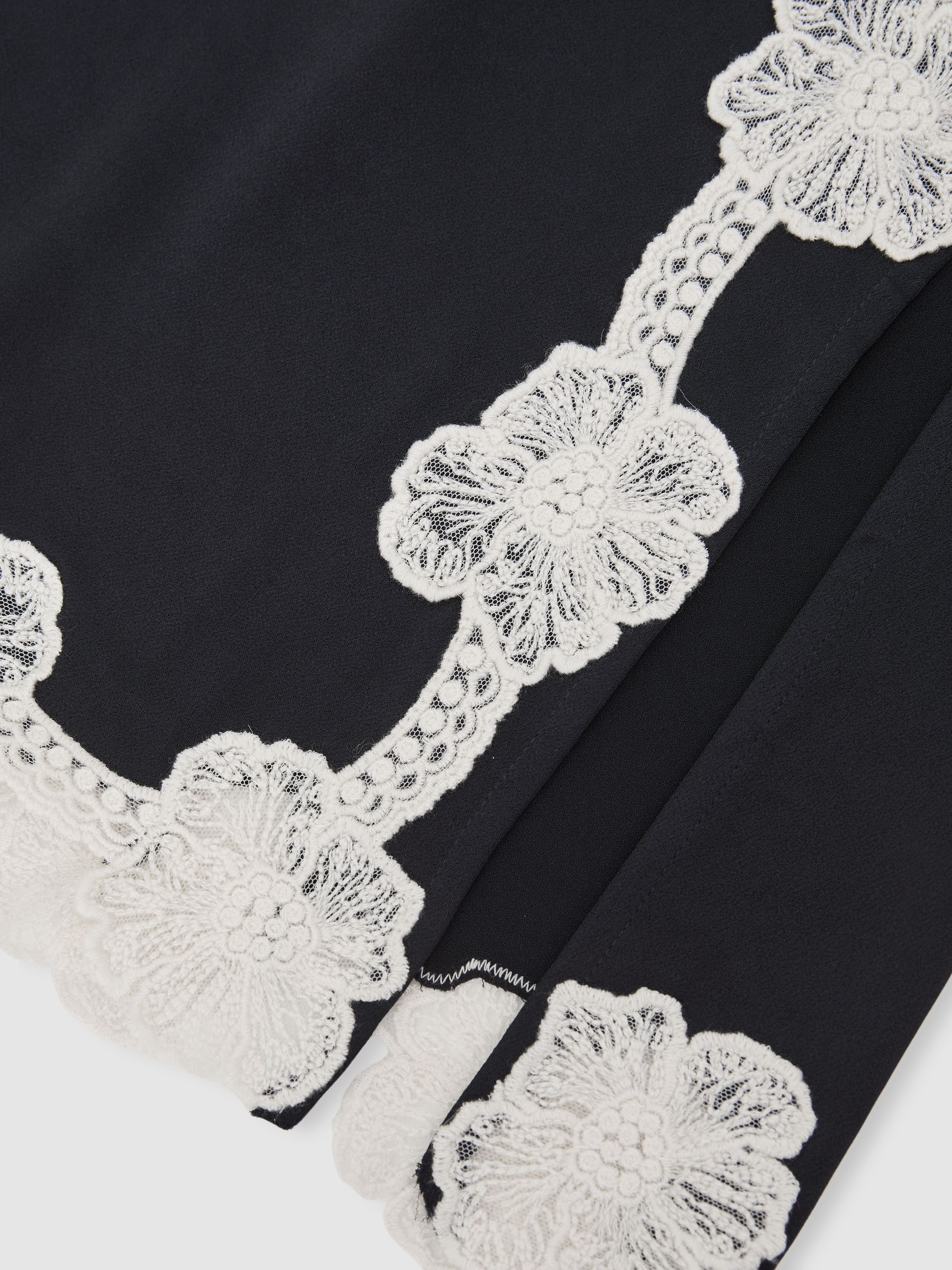 Satin Floral-Lace Trim Midi Skirt in Navy - image 2