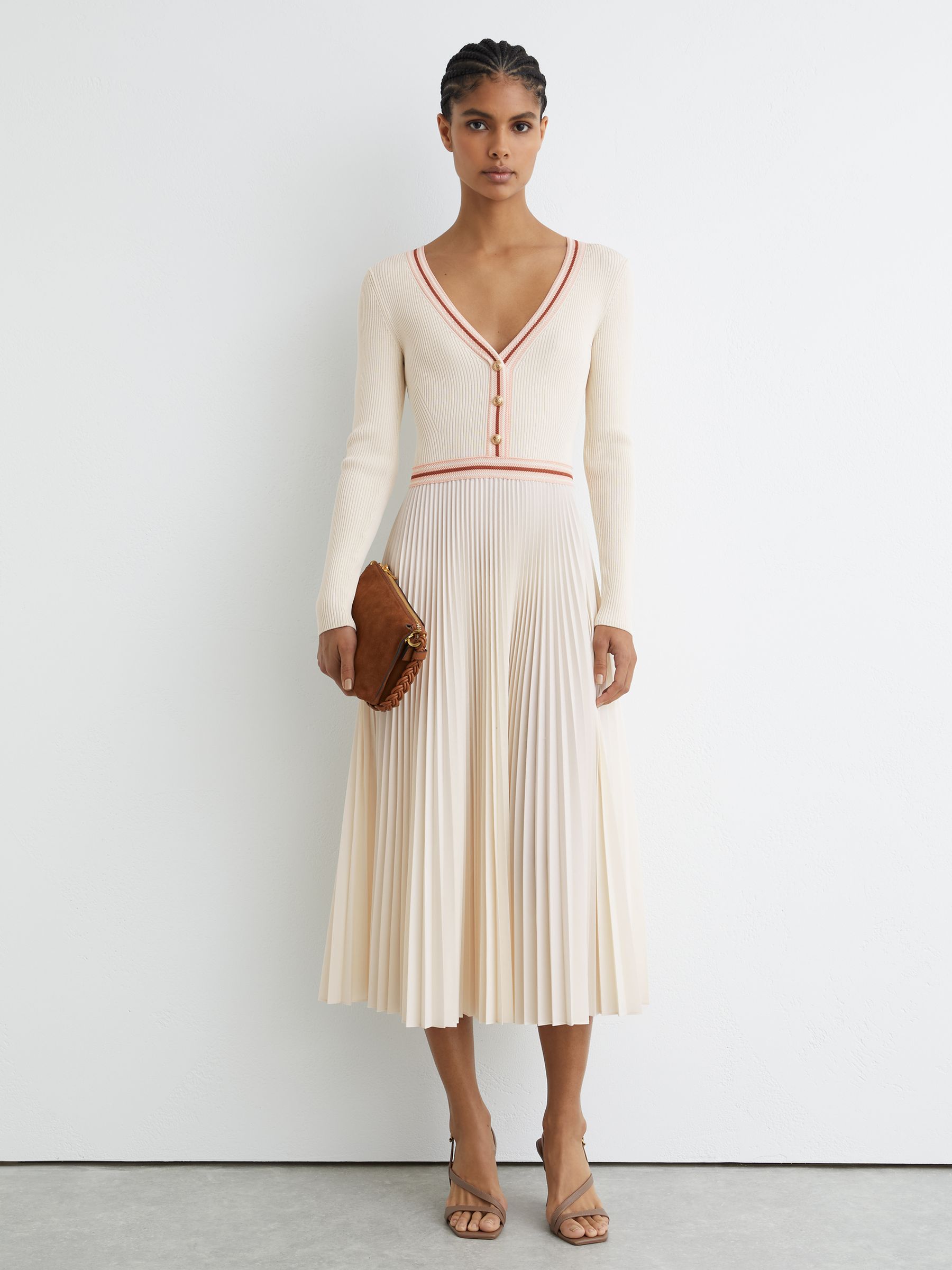 Rib-knit Stripe-trim Pleated Midi Dress