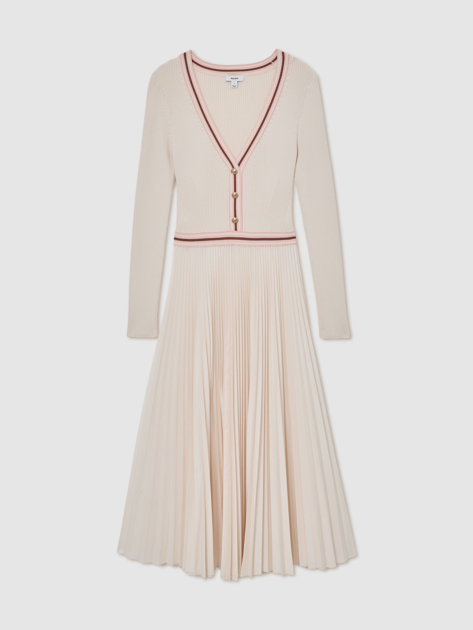 Rib-Knit Stripe-Trim Pleated Midi Dress in Pale Yellow - Image 2 of 6