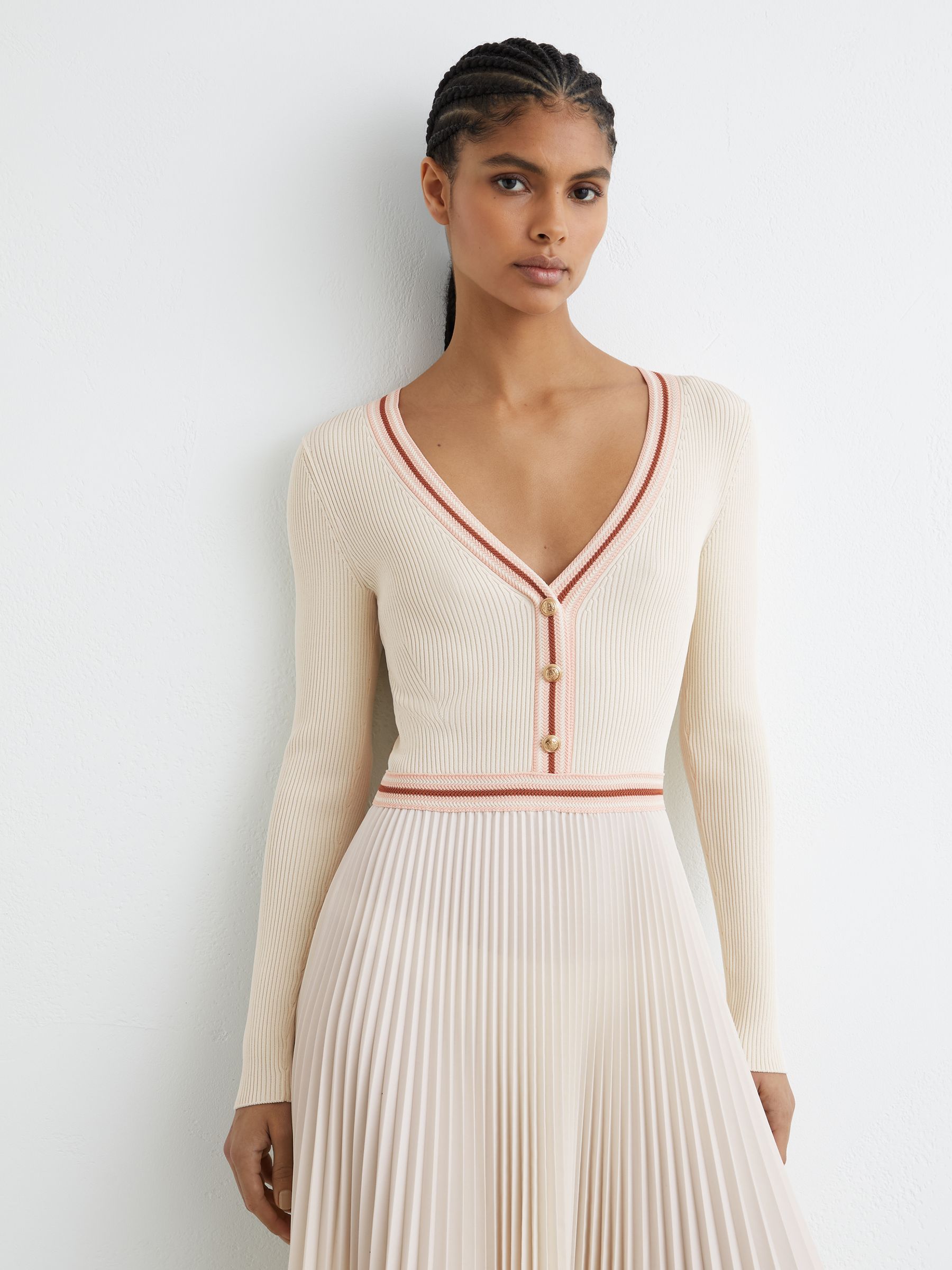 Rib-Knit Stripe-Trim Pleated Midi Dress in Pale Yellow - image 5