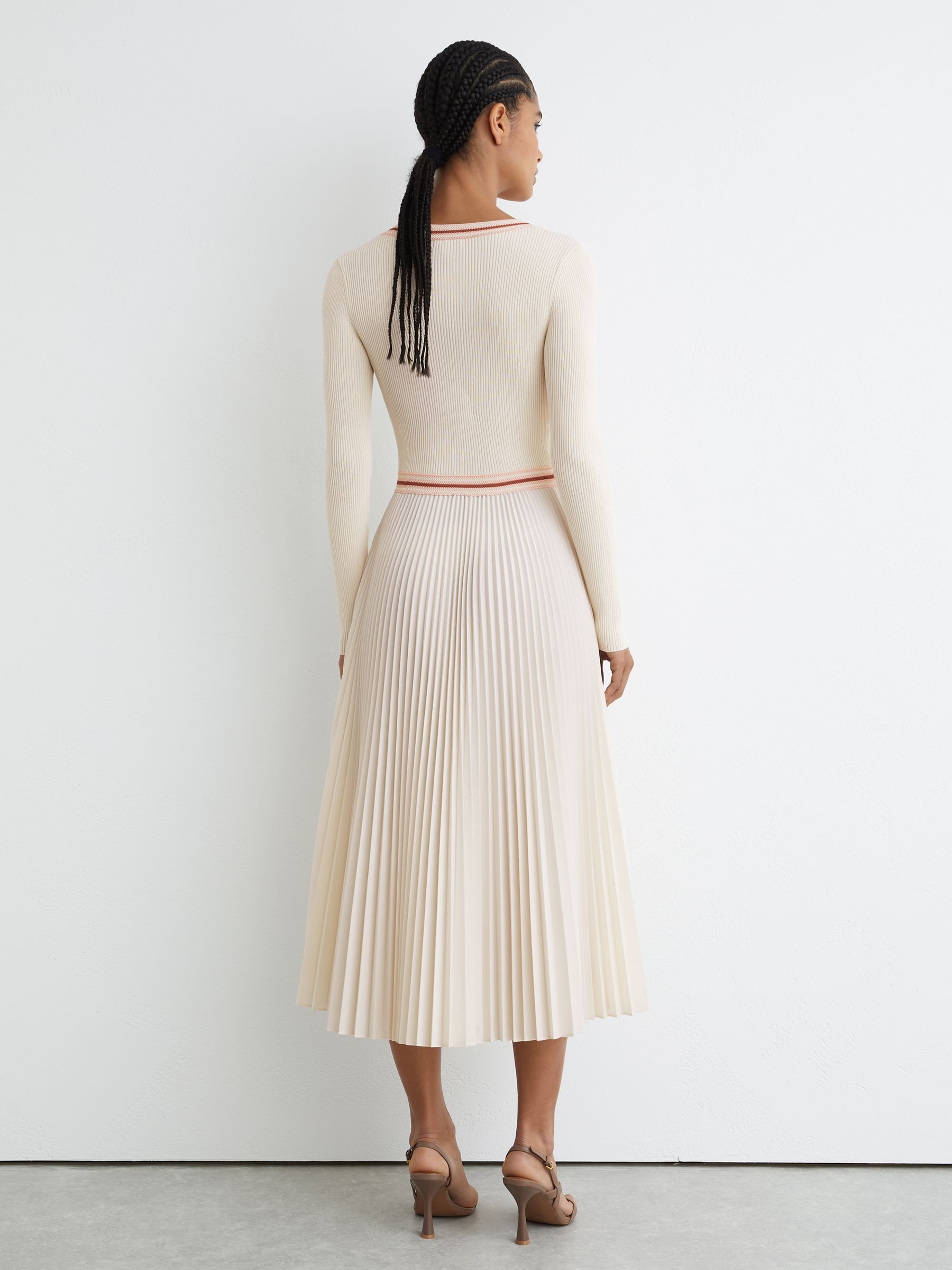Rib-Knit Stripe-Trim Pleated Midi Dress in Pale Yellow - Image 5 of 6