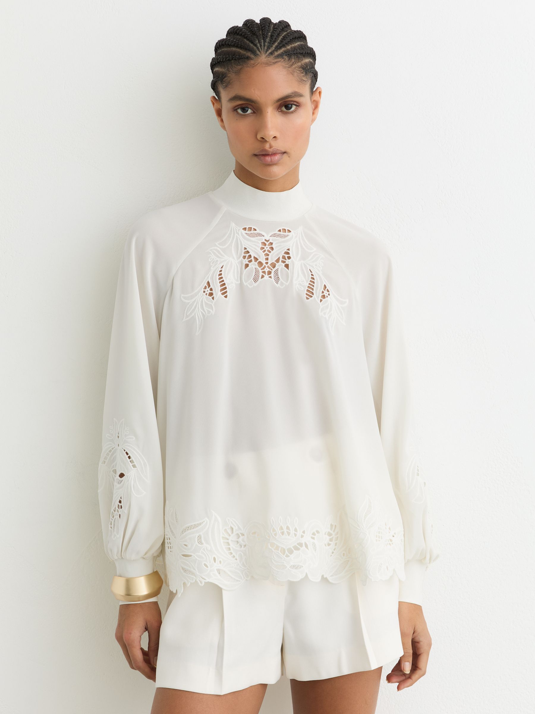 Broderie Blouson-Sleeve Blouse in Cream - image 2