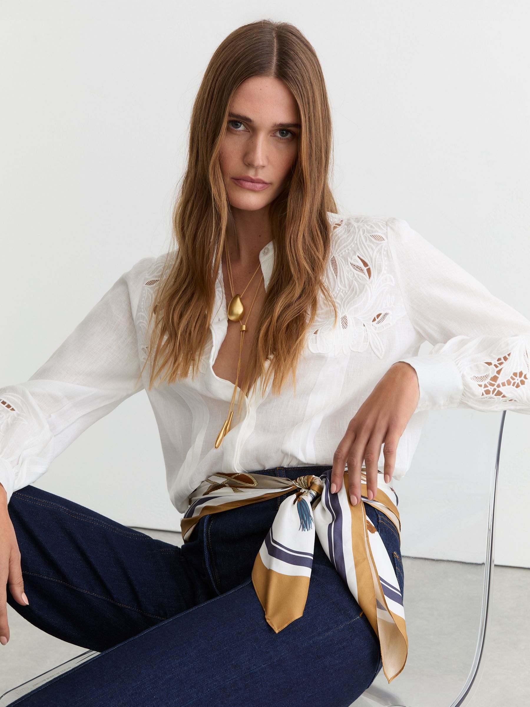 Linen Embroidered Blouse in Ivory - Image 1 of 7