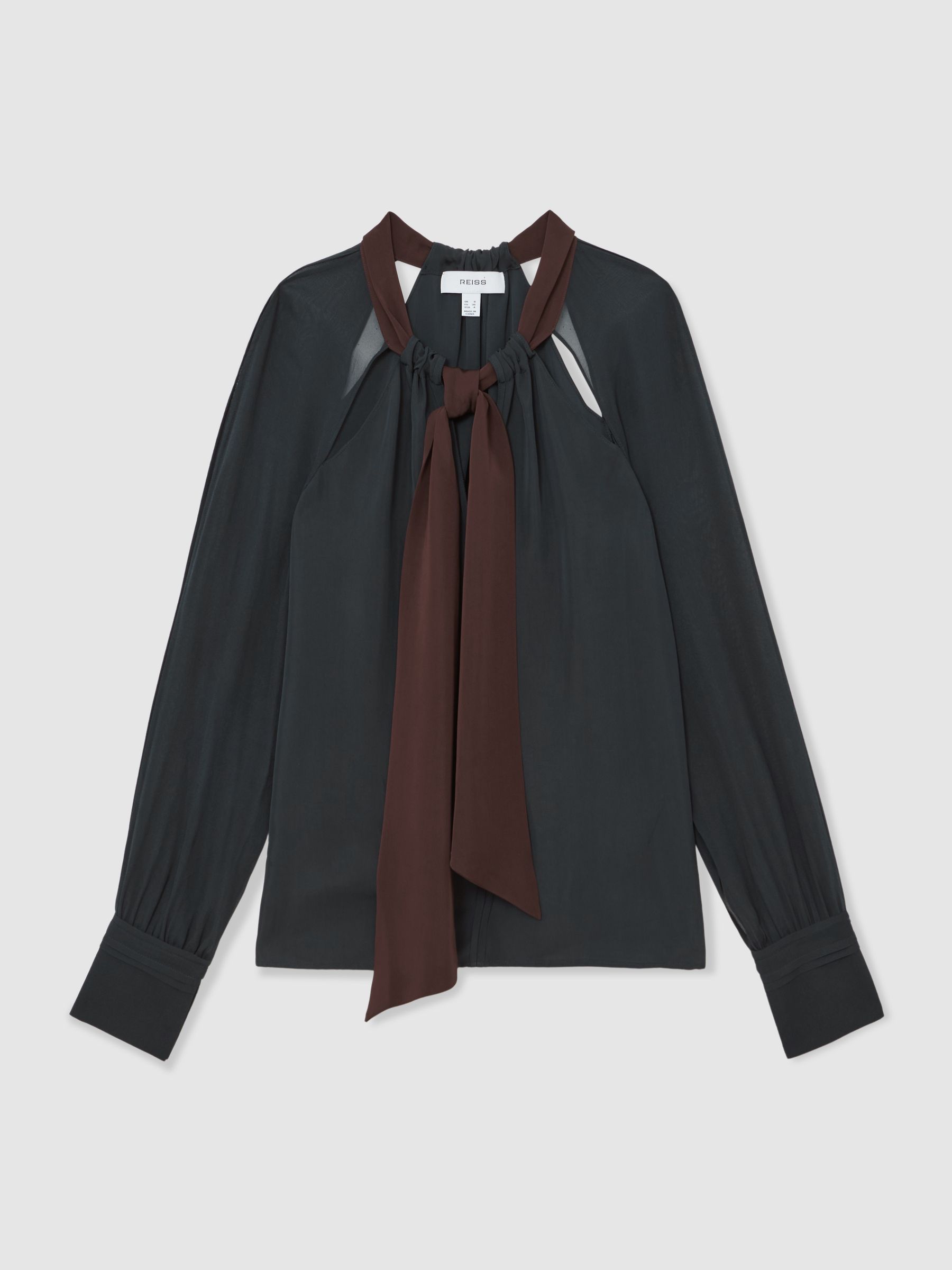 Tie-Neck Cut-Out Blouse in Navy/Burgundy - Image 2 of 7
