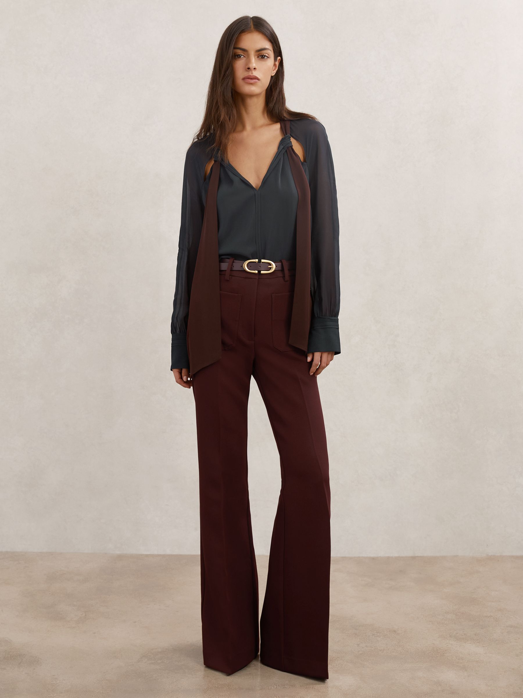 Tie-Neck Cut-Out Blouse in Navy/Burgundy - Image 3 of 7