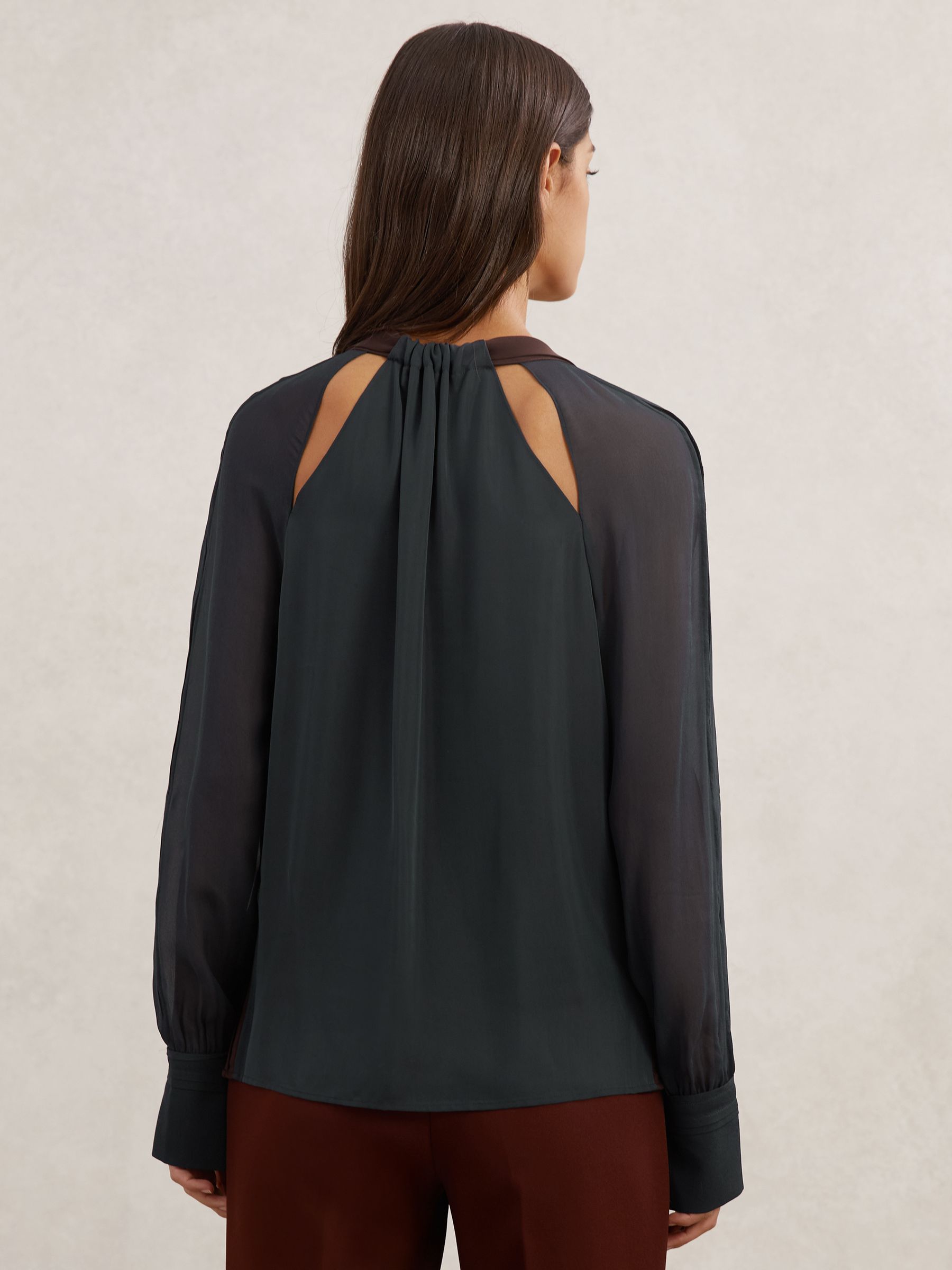 Tie-Neck Cut-Out Blouse in Navy/Burgundy - image 4