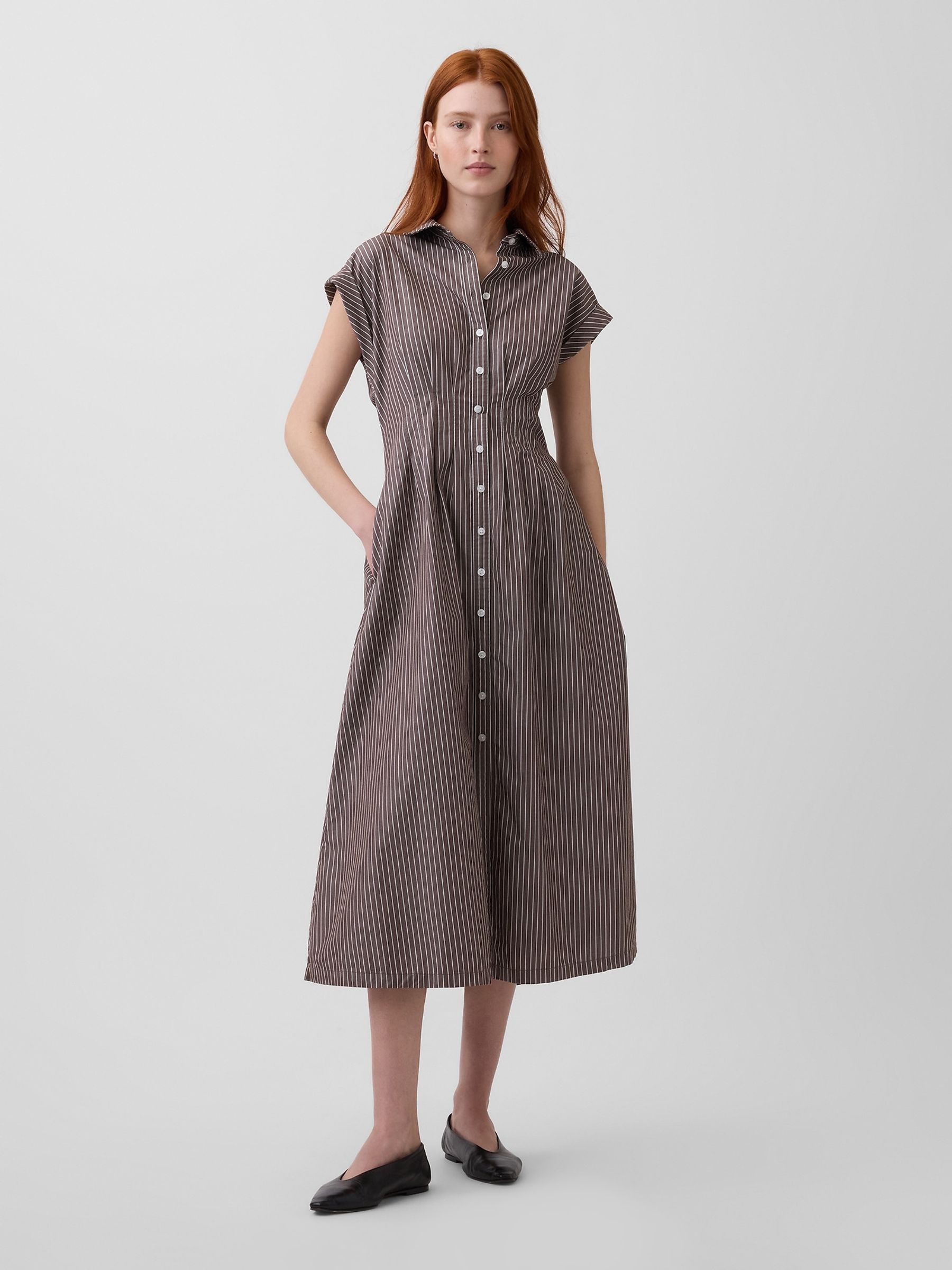 Brown Striped Poplin Cinched Midi Shirtdress - Image 1 of 4