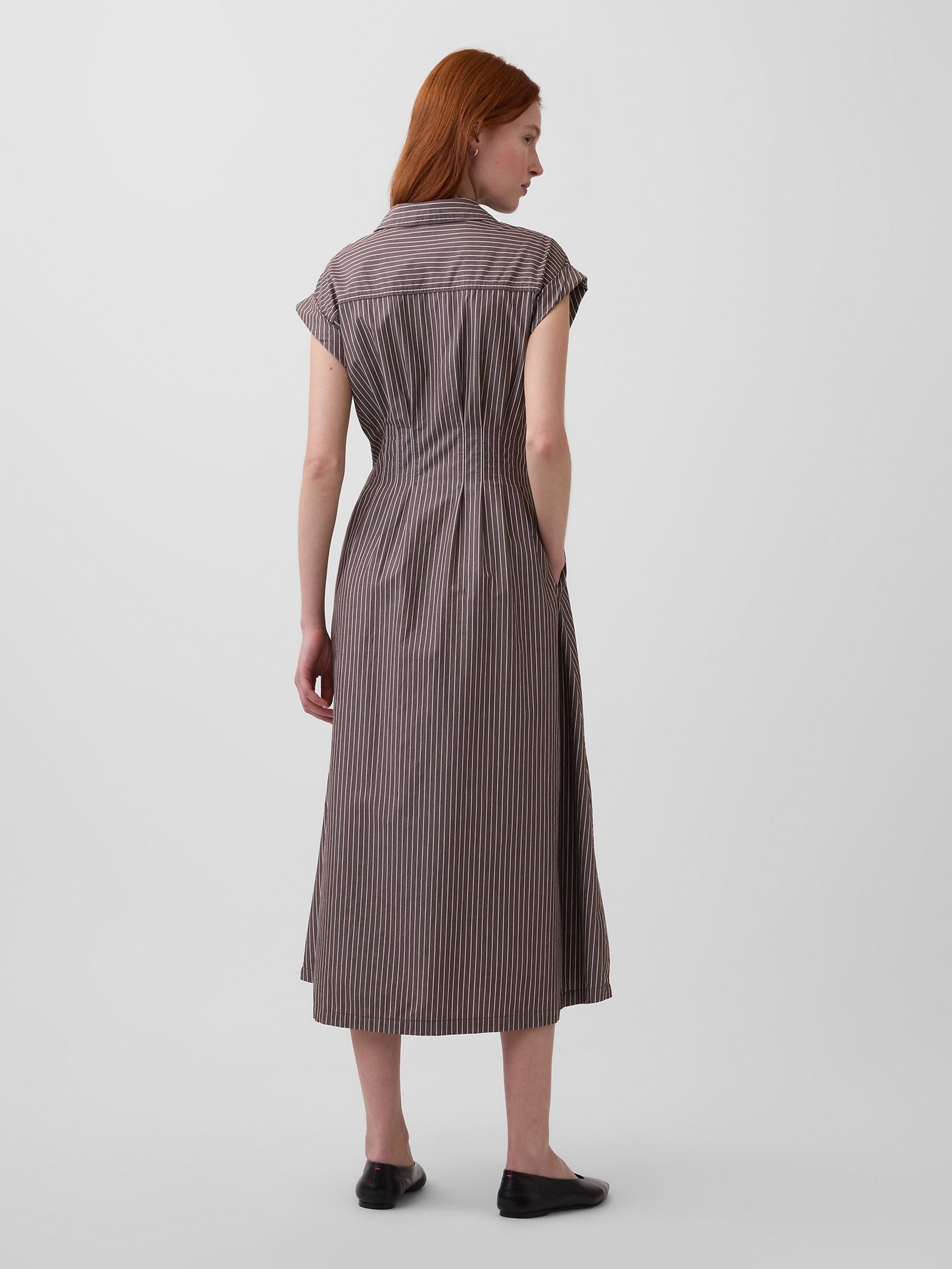 Brown Striped Poplin Cinched Midi Shirtdress - Image 2 of 4
