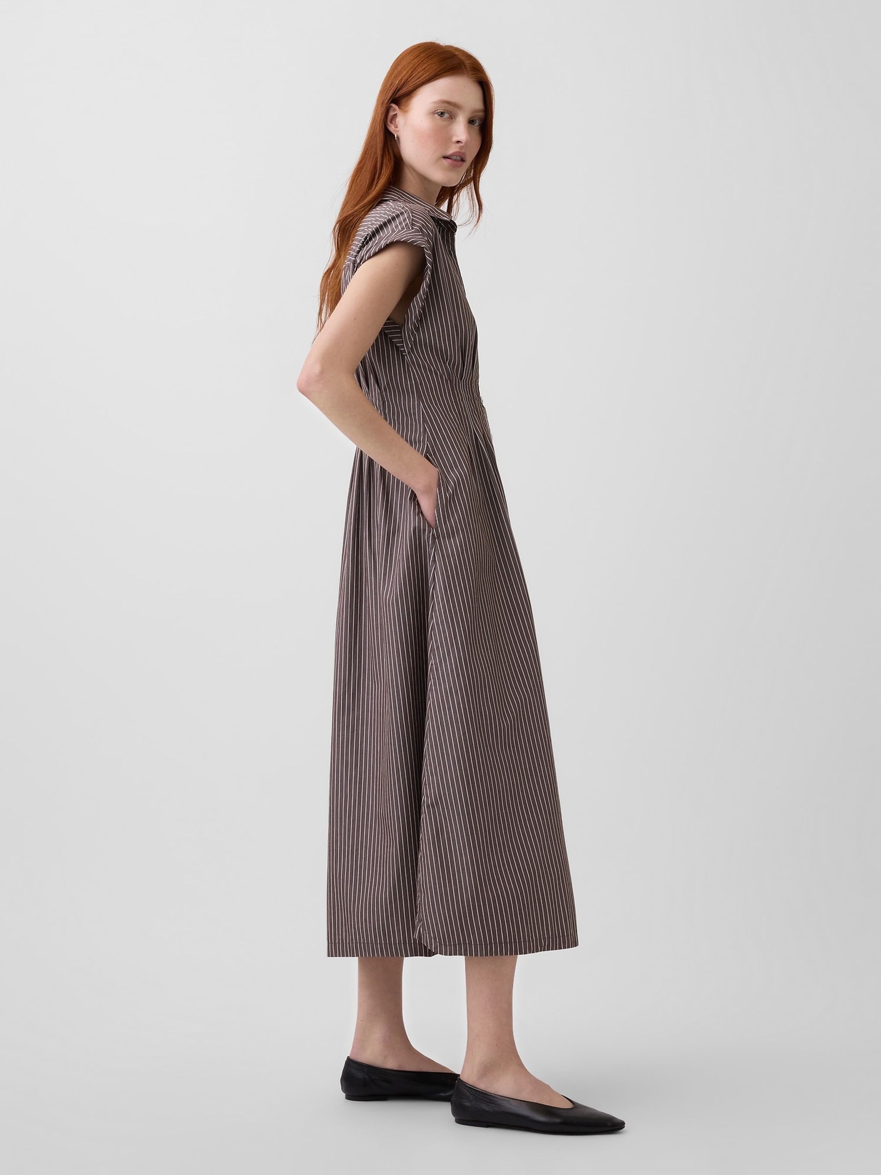 Brown Striped Poplin Cinched Midi Shirtdress - Image 3 of 4