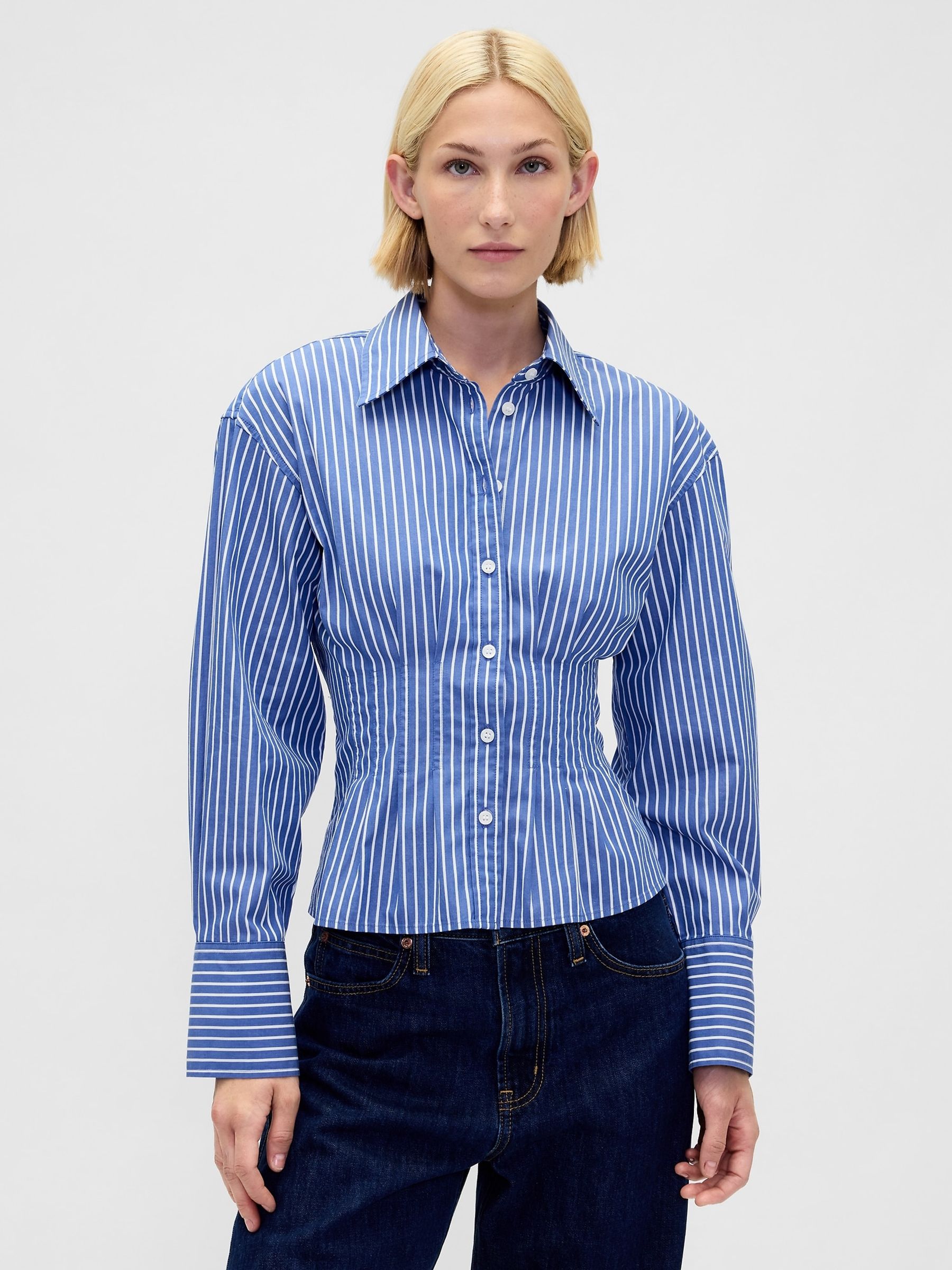 Blue Stripe Cotton Poplin Fitted Shirt - Image 1 of 3