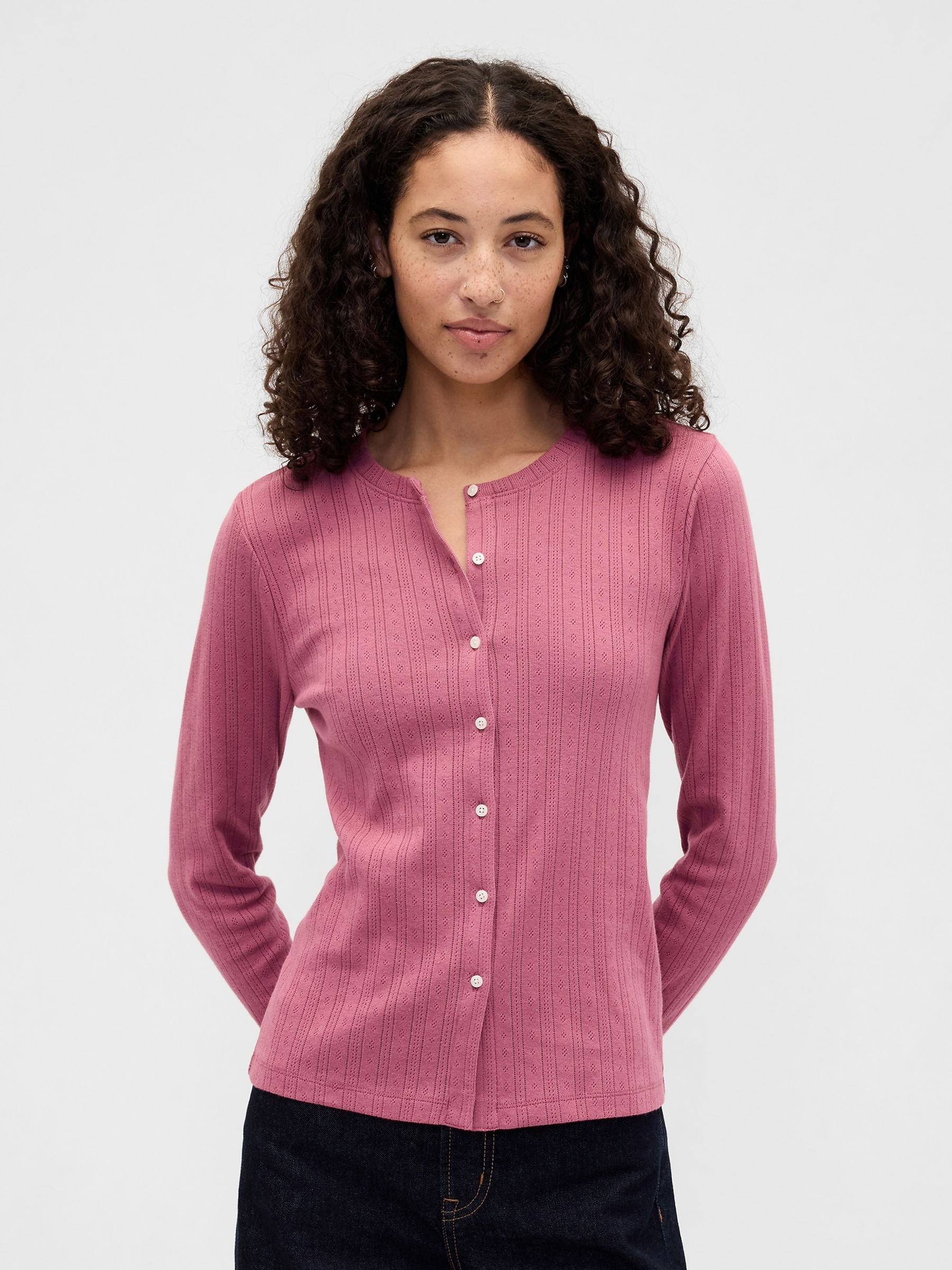 Pink Pointelle Button-Up Top - Image 1 of 5