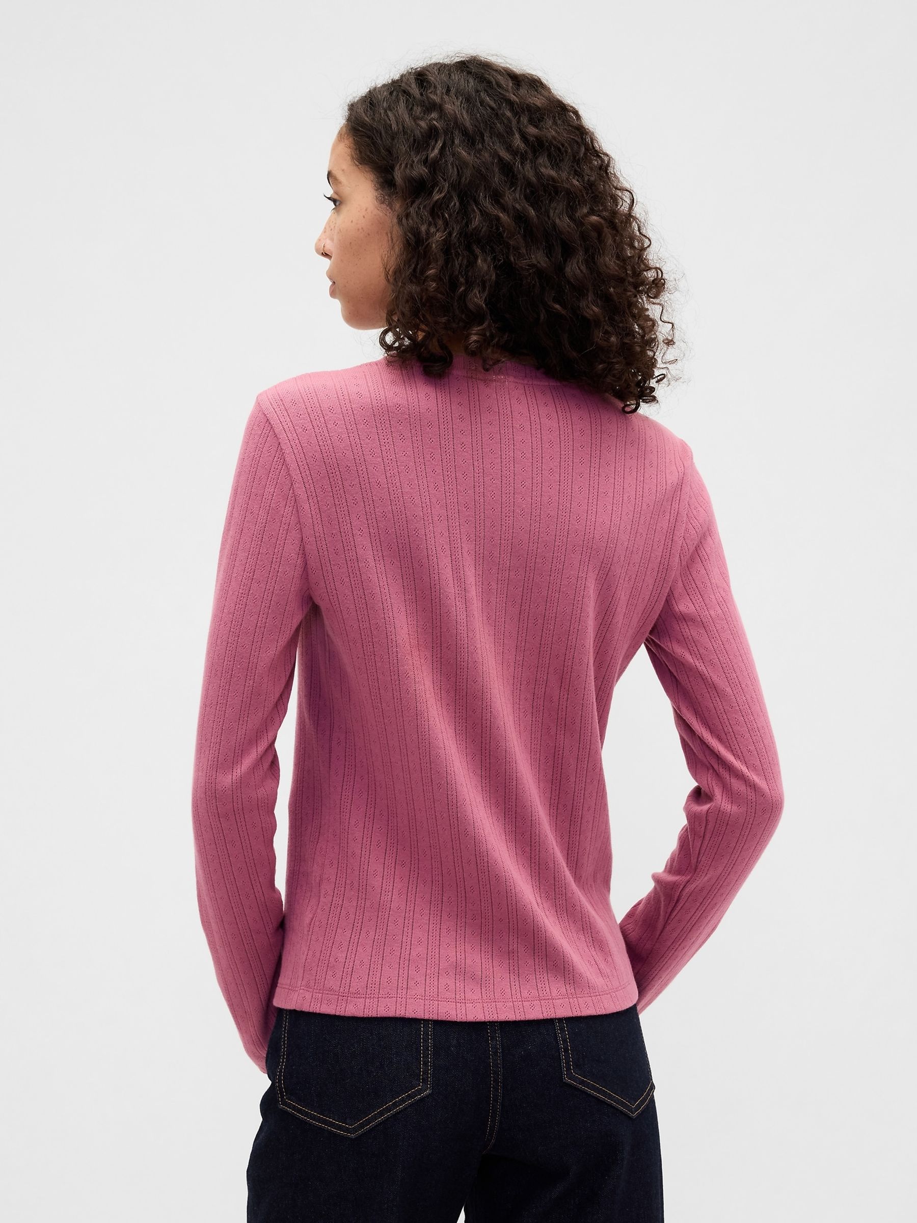 Pink Pointelle Button-Up Top - Image 2 of 5 Pink Pointelle Button-Up Top - Image 2 of 5
