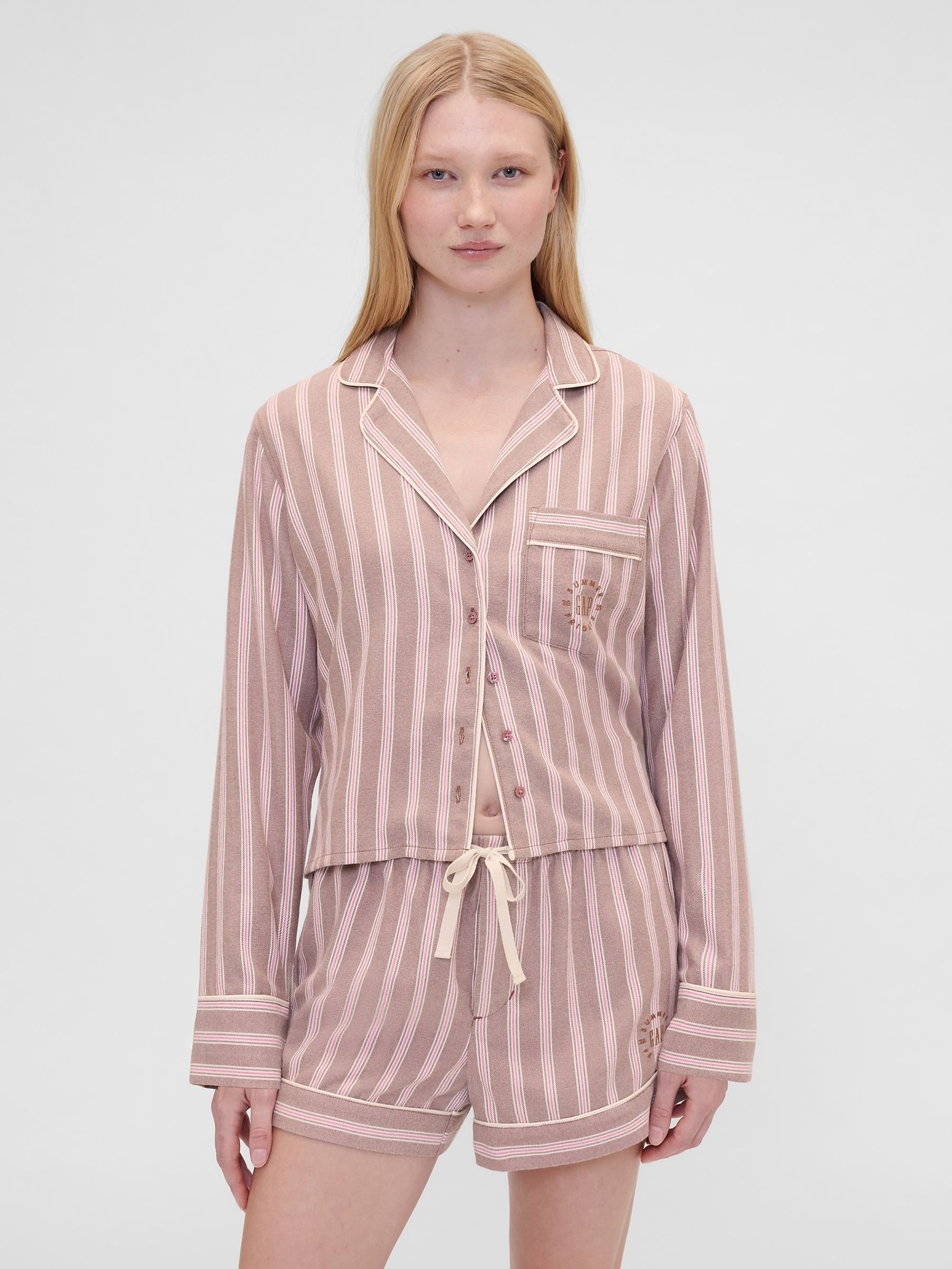 Gap X Summer Fridays Brown Striped Flannel Long Sleeve Pyjama Top - Image 1 of 6