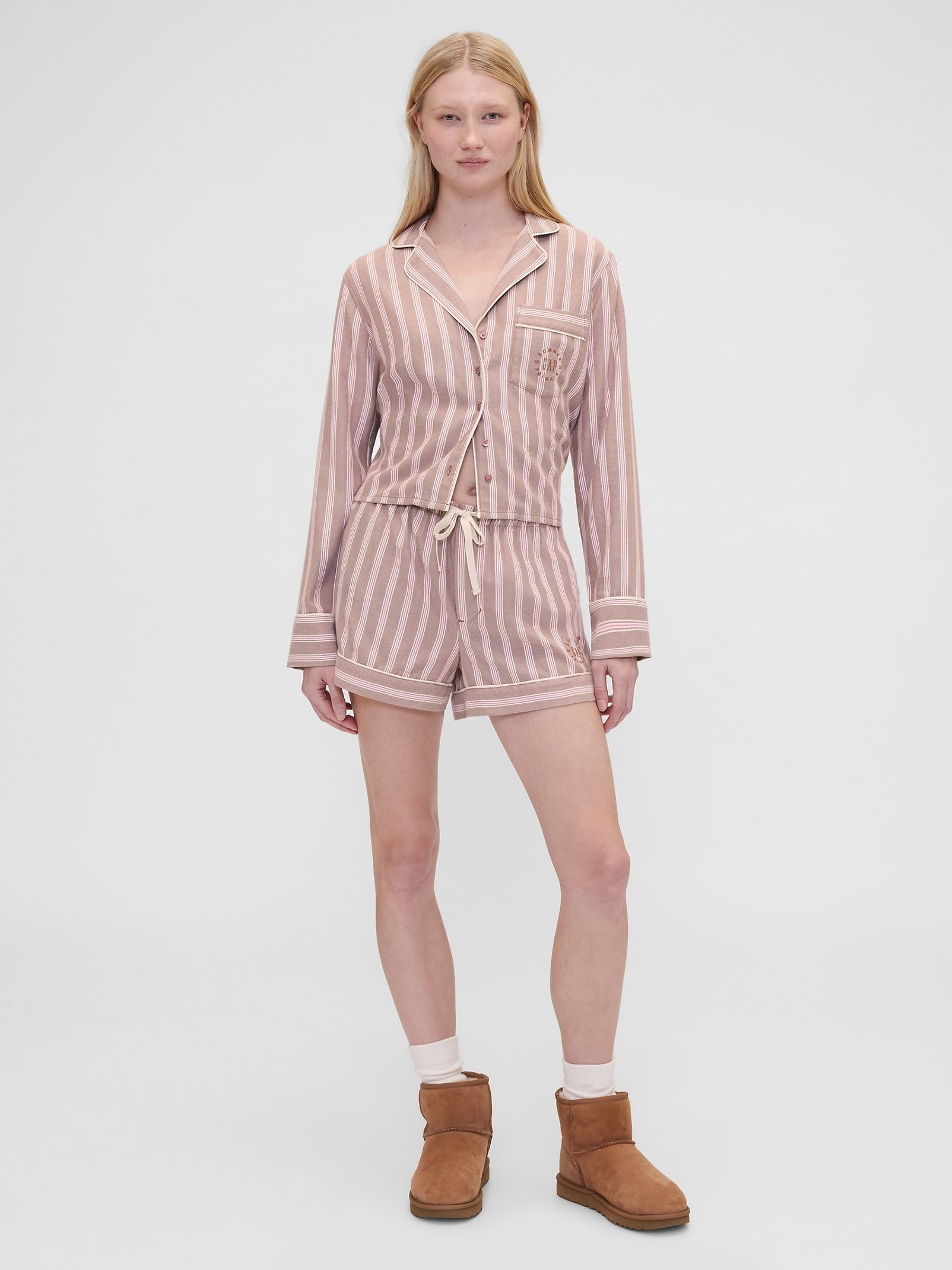 Gap X Summer Fridays Brown Striped Flannel Long Sleeve Pyjama Top - Image 3 of 6