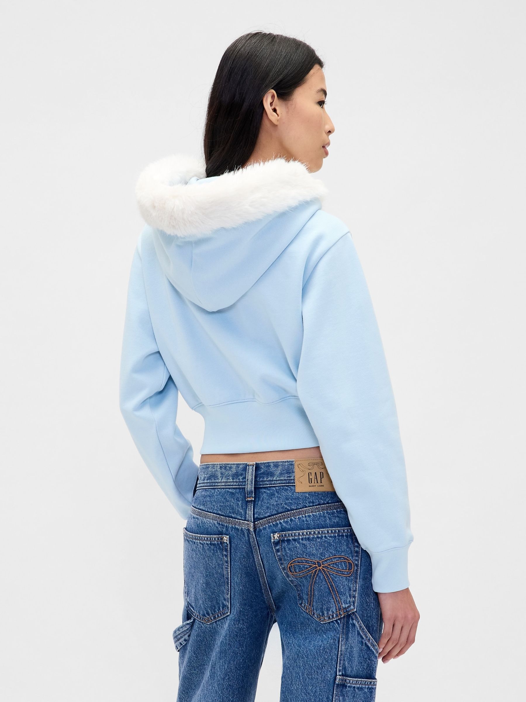 Light Blue Sandy Liang Vegan Fur-Trim Crop Zip Hoodie | Gap