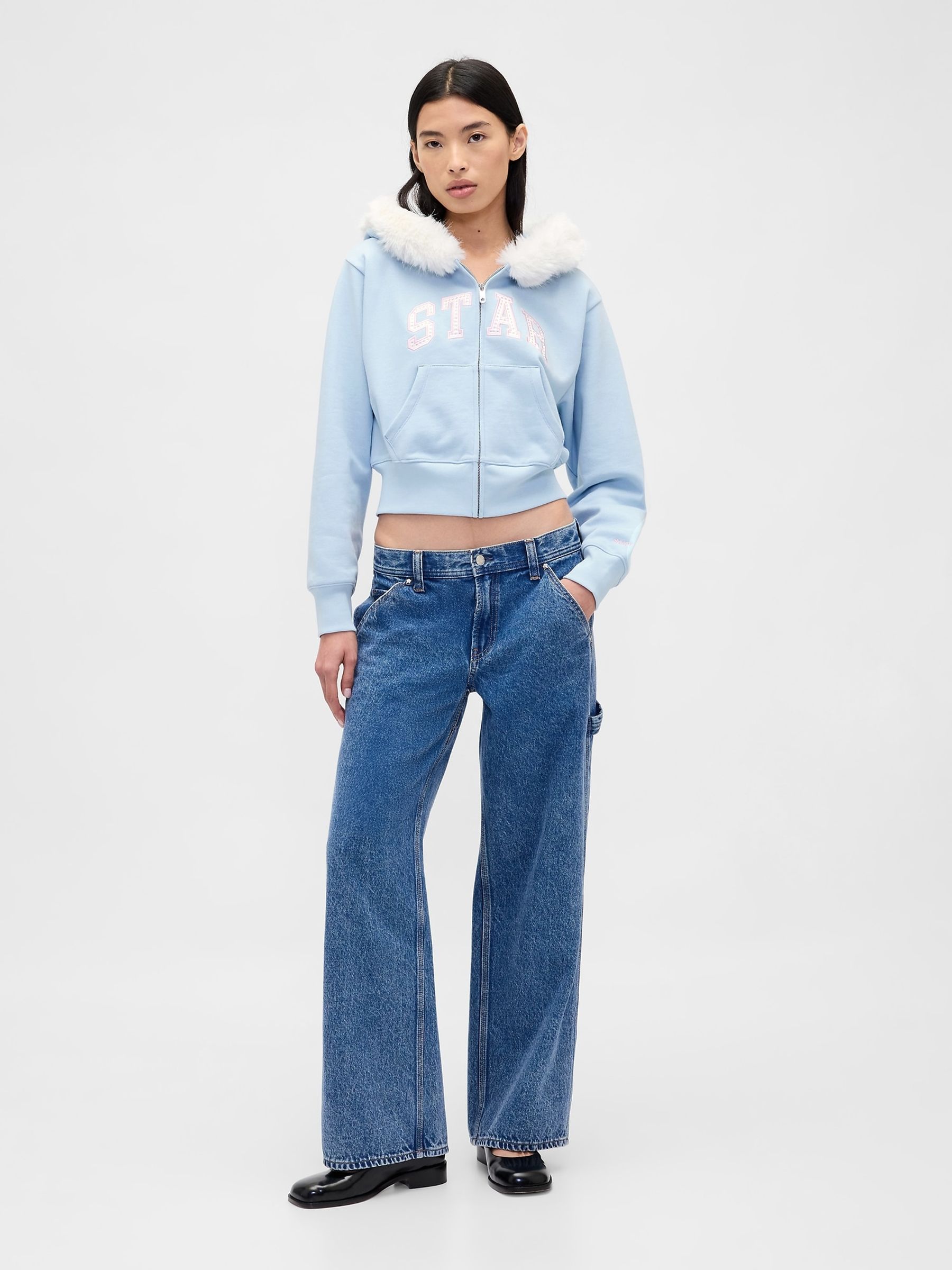 Light Blue Sandy Liang Vegan Fur-Trim Crop Zip Hoodie | Gap