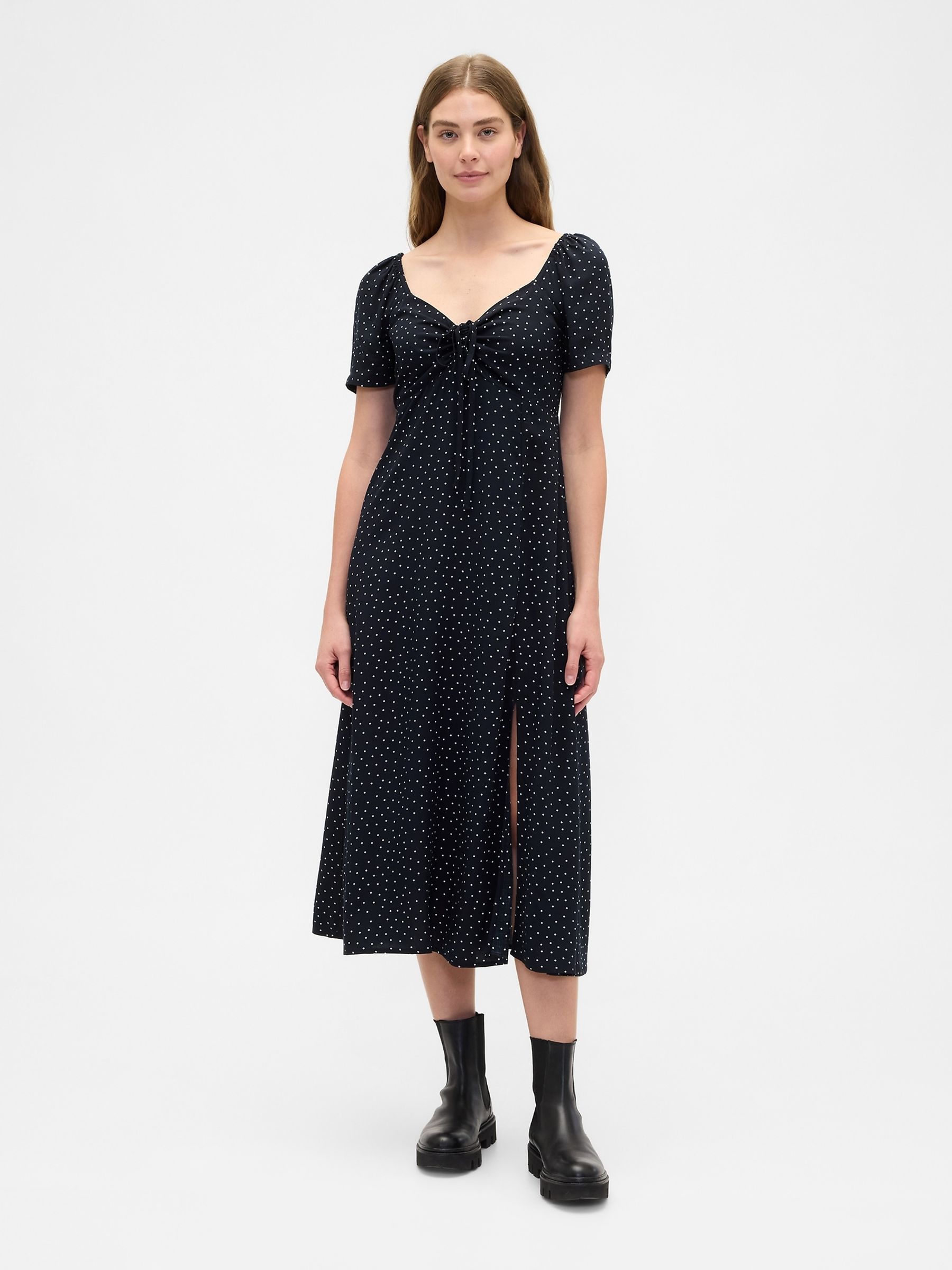 Black Spotted Puff Sleeve Midi Dress - Image 1 of 4 Black Spotted Puff Sleeve Midi Dress - Image 1 of 4