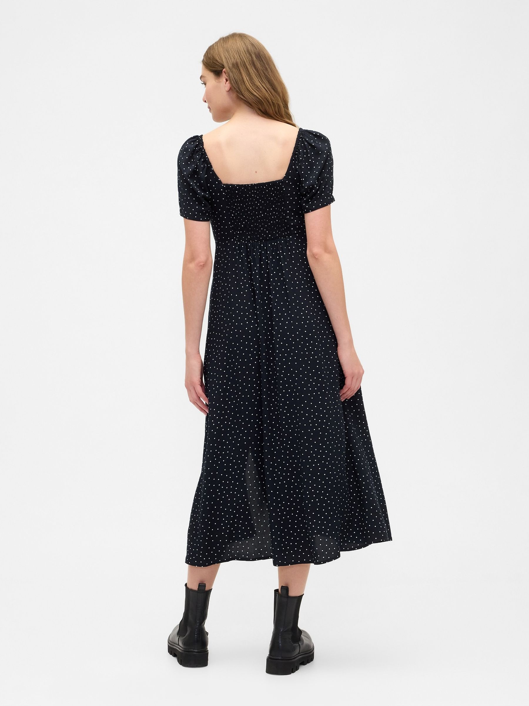 Black Spotted Puff Sleeve Midi Dress - Image 2 of 4 Black Spotted Puff Sleeve Midi Dress - Image 2 of 4