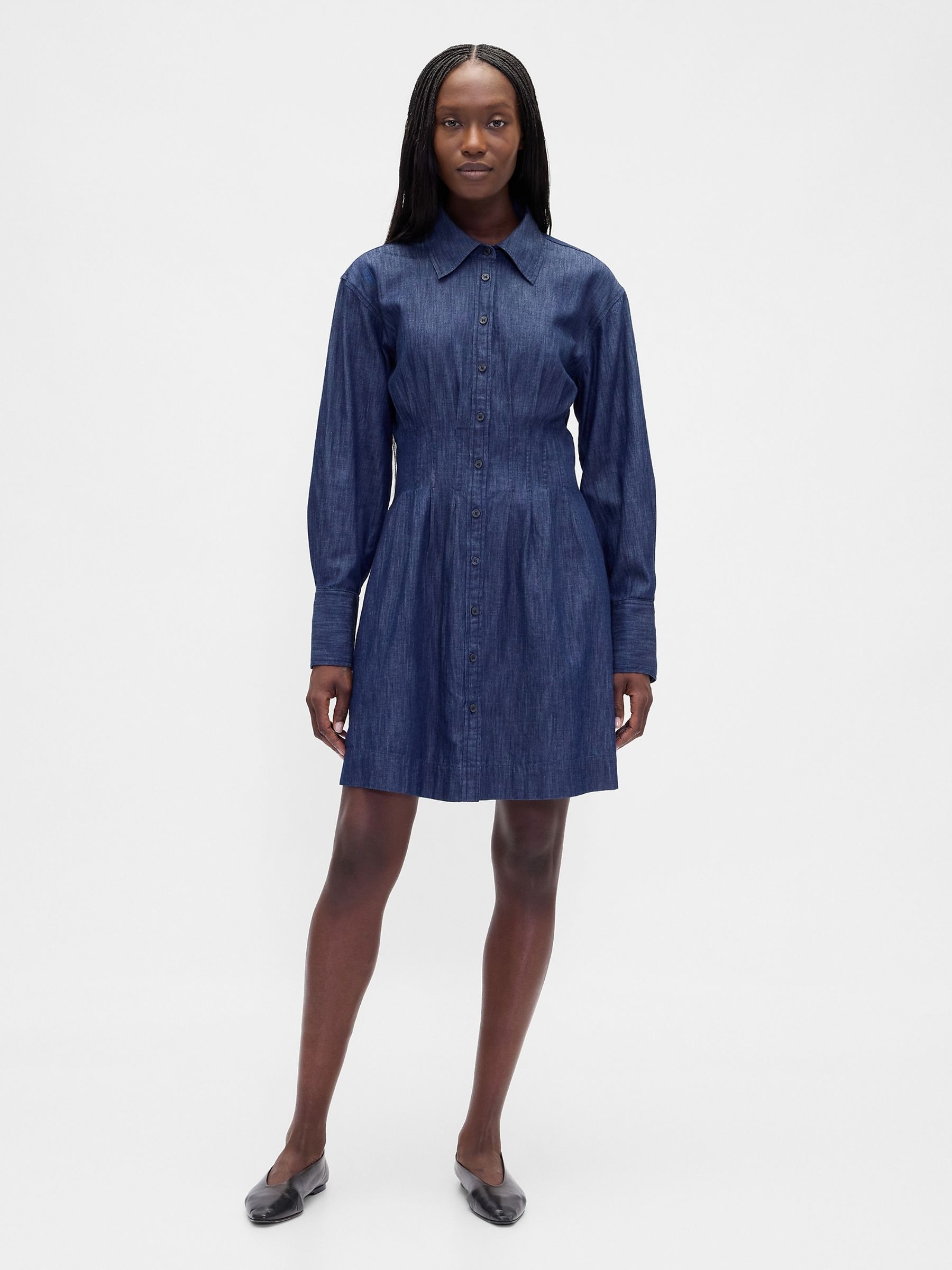 Blue Pleated Mini Shirt Dress - Image 1 of 4