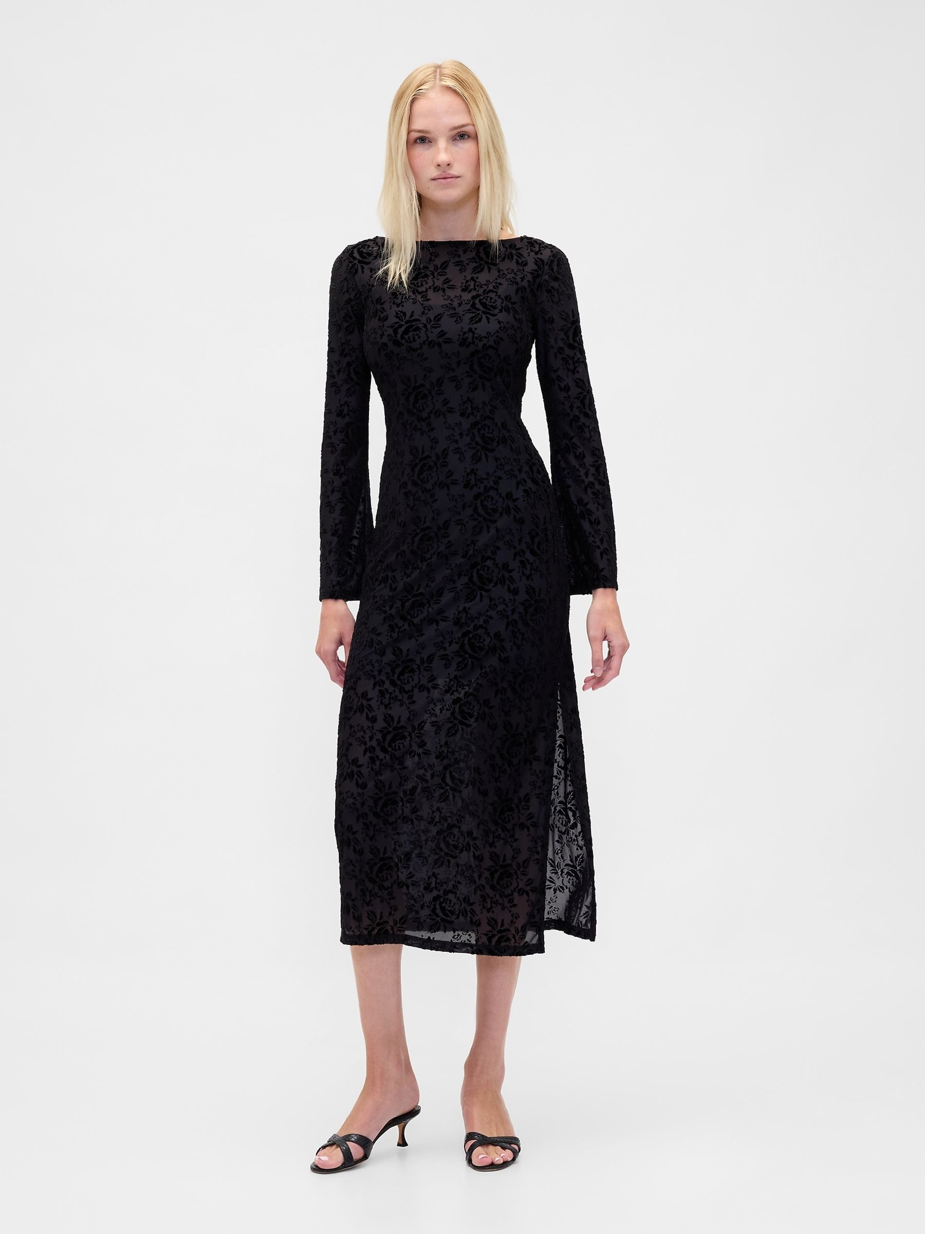 Black Burnout Velvet Bell-Sleeve Midi Dress - Image 1 of 4