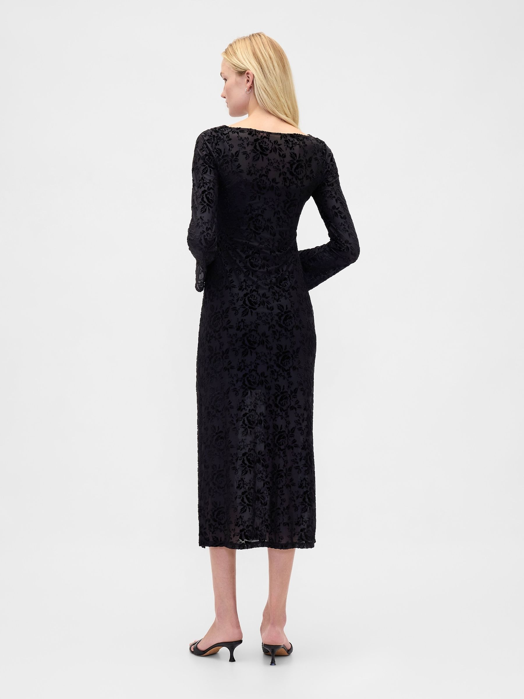 Black Burnout Velvet Bell-Sleeve Midi Dress - Image 2 of 4