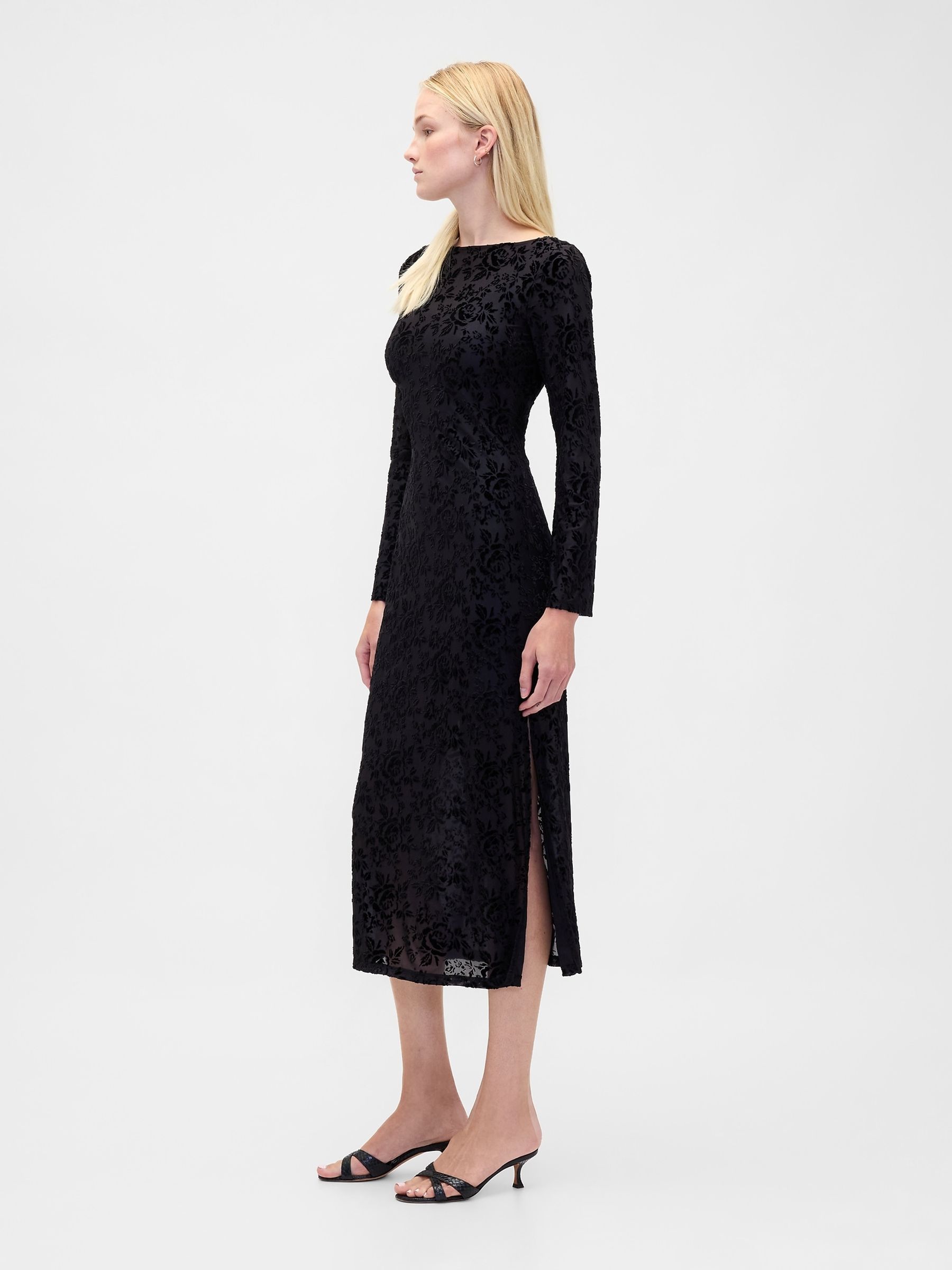 Black Burnout Velvet Bell-Sleeve Midi Dress - Image 3 of 4