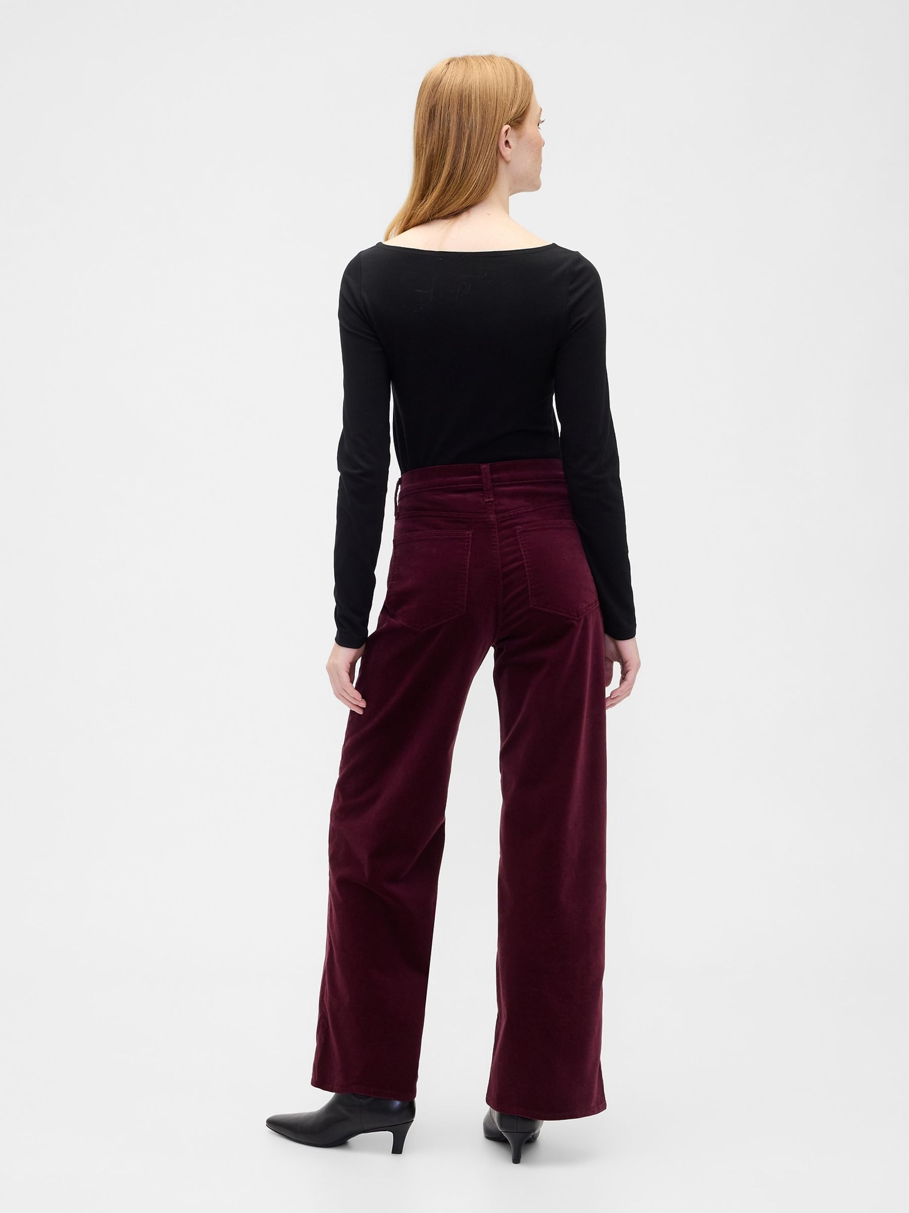 Burgundy Red High Waisted Wide Leg Velvet Trousers - Image 3 of 4