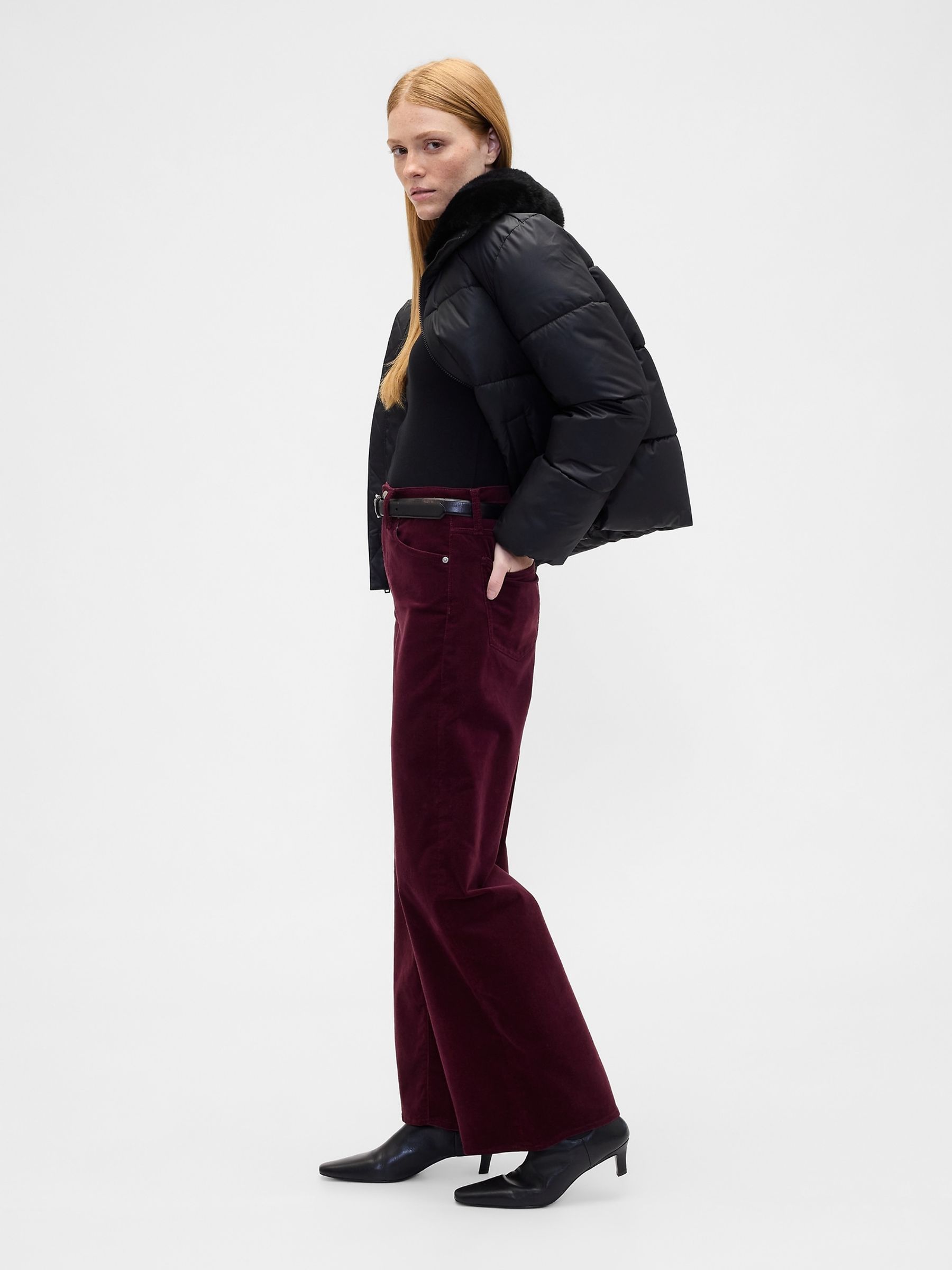 Burgundy Red High Waisted Wide Leg Velvet Trousers - Image 4 of 4