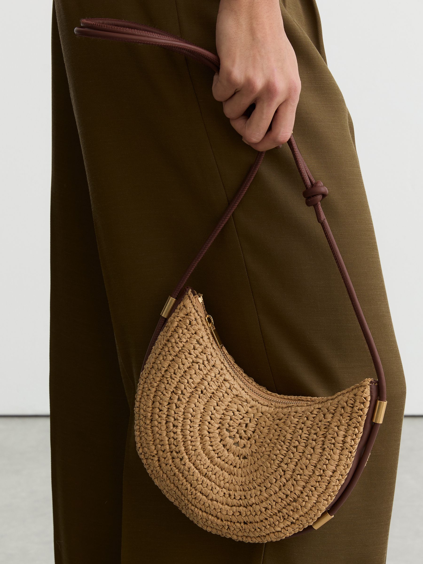 Raffia-Effect Half-Moon Shoulder Bag in Natural - Image 1 of 8 Raffia-Effect Half-Moon Shoulder Bag in Natural - Image 1 of 8