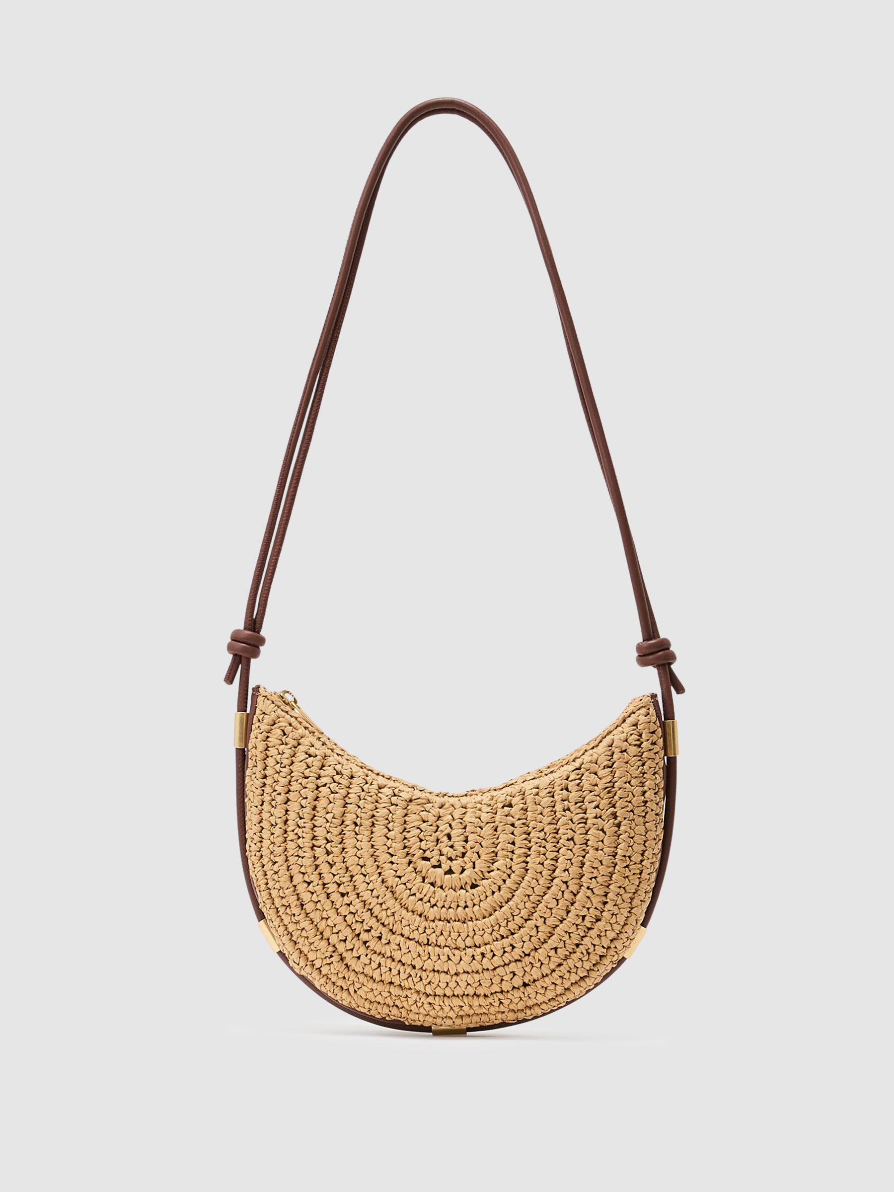 Raffia-Effect Half-Moon Shoulder Bag in Natural - Image 2 of 8
