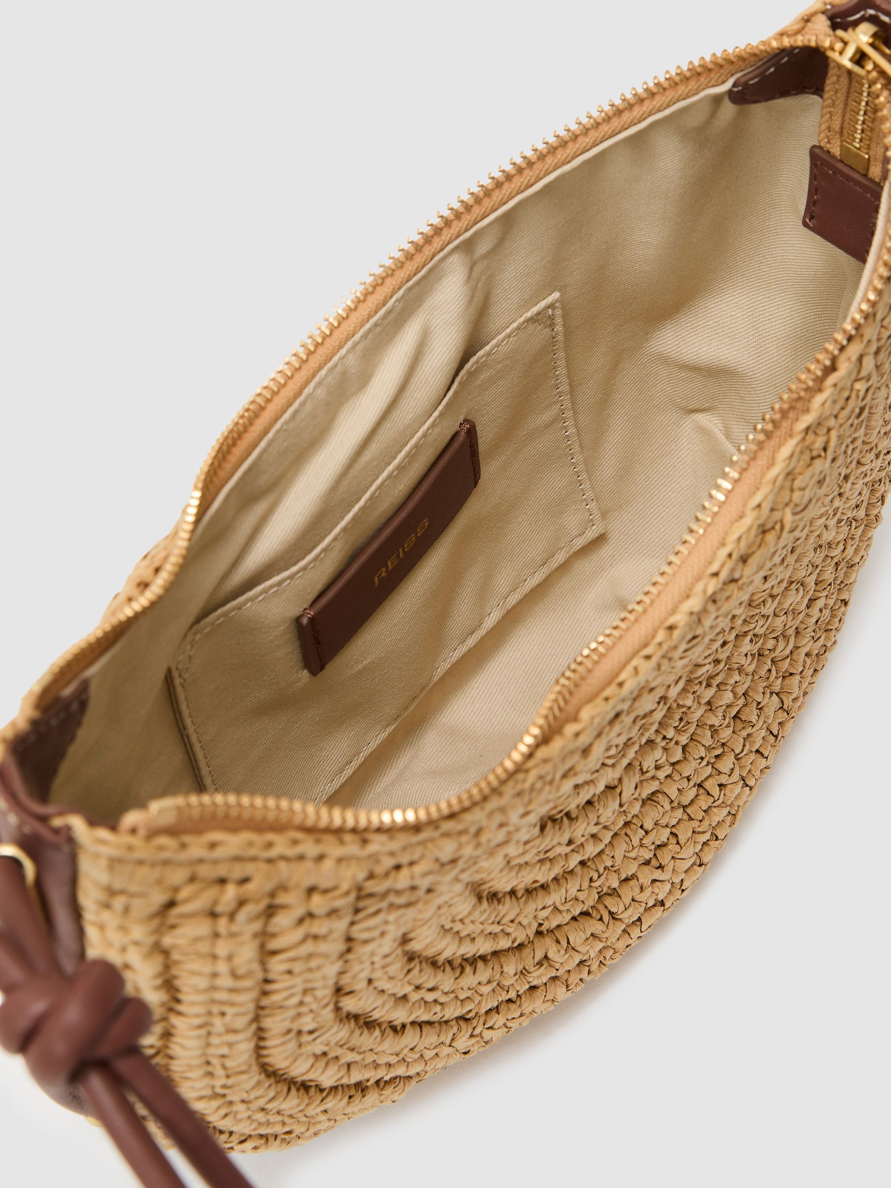 Raffia-Effect Half-Moon Shoulder Bag in Natural - image 3