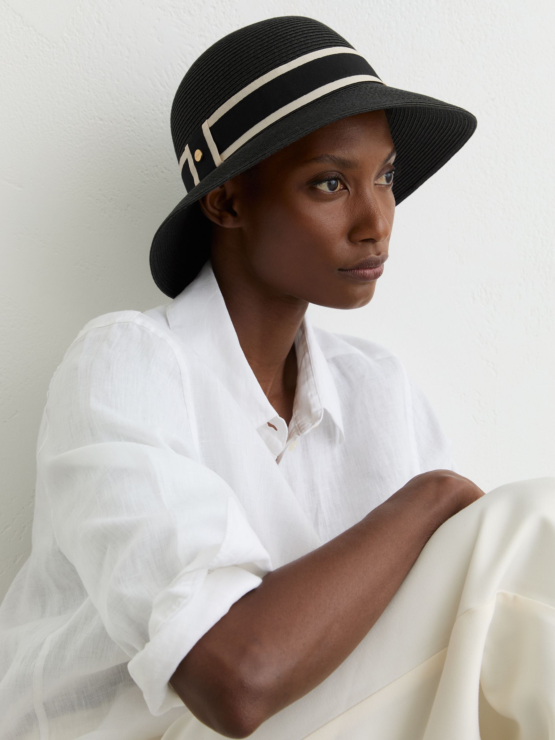 Ribbon-Trim Straw-Effect Hat in Black - image 4