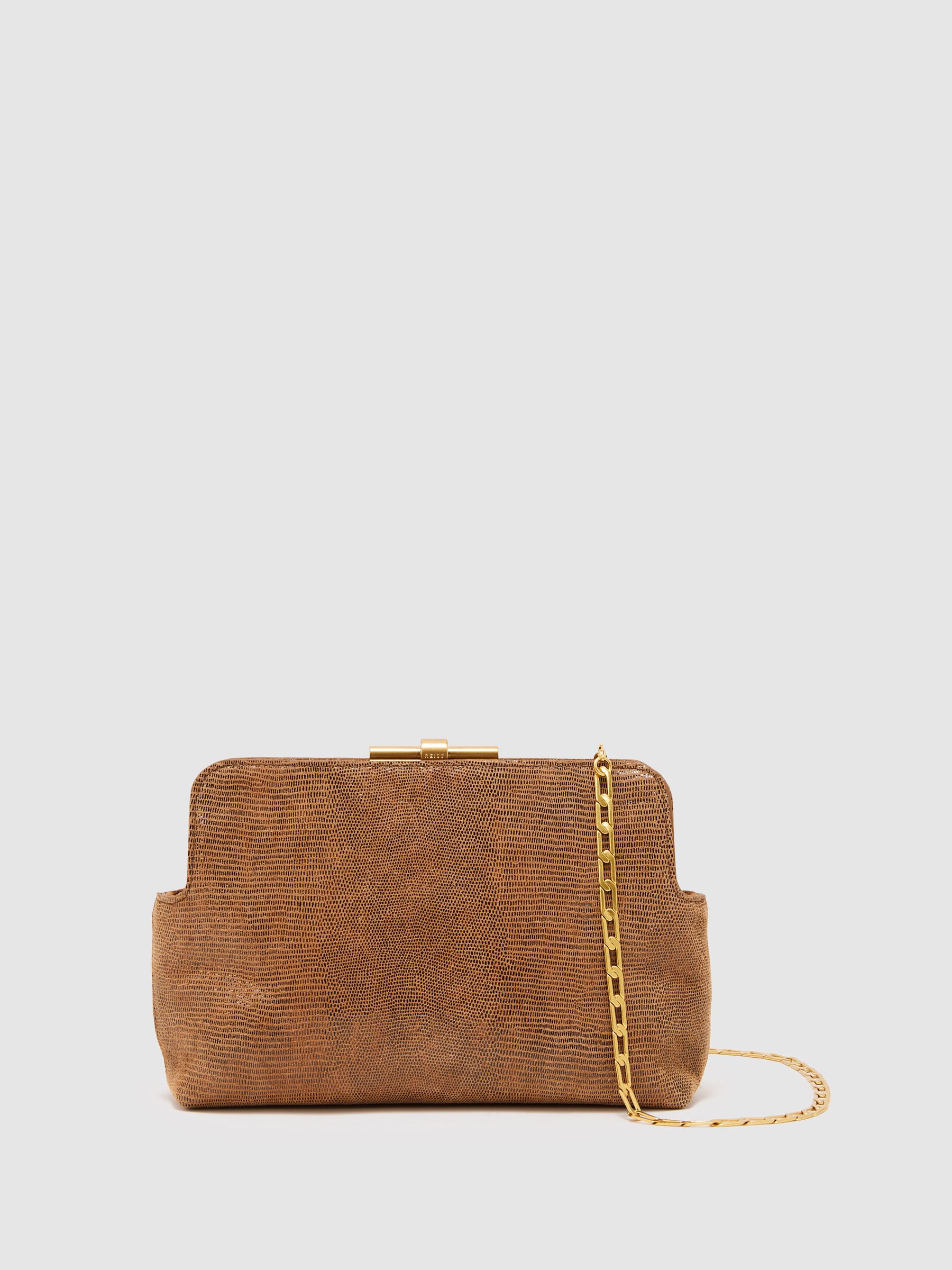 Suede Lizard-Effect Frame Clutch Bag in Tan - image 1