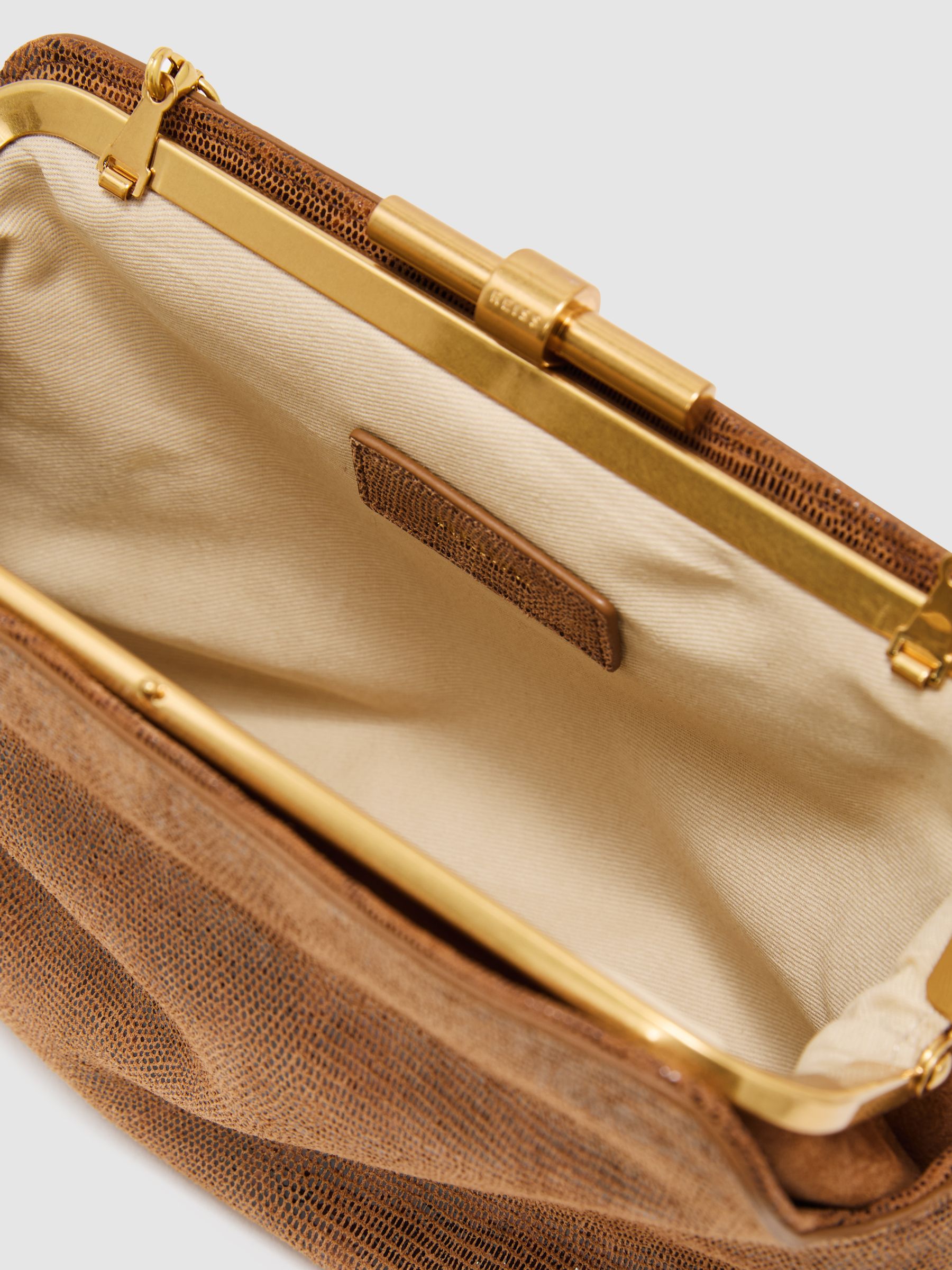 Suede Lizard-Effect Frame Clutch Bag in Tan - image 5