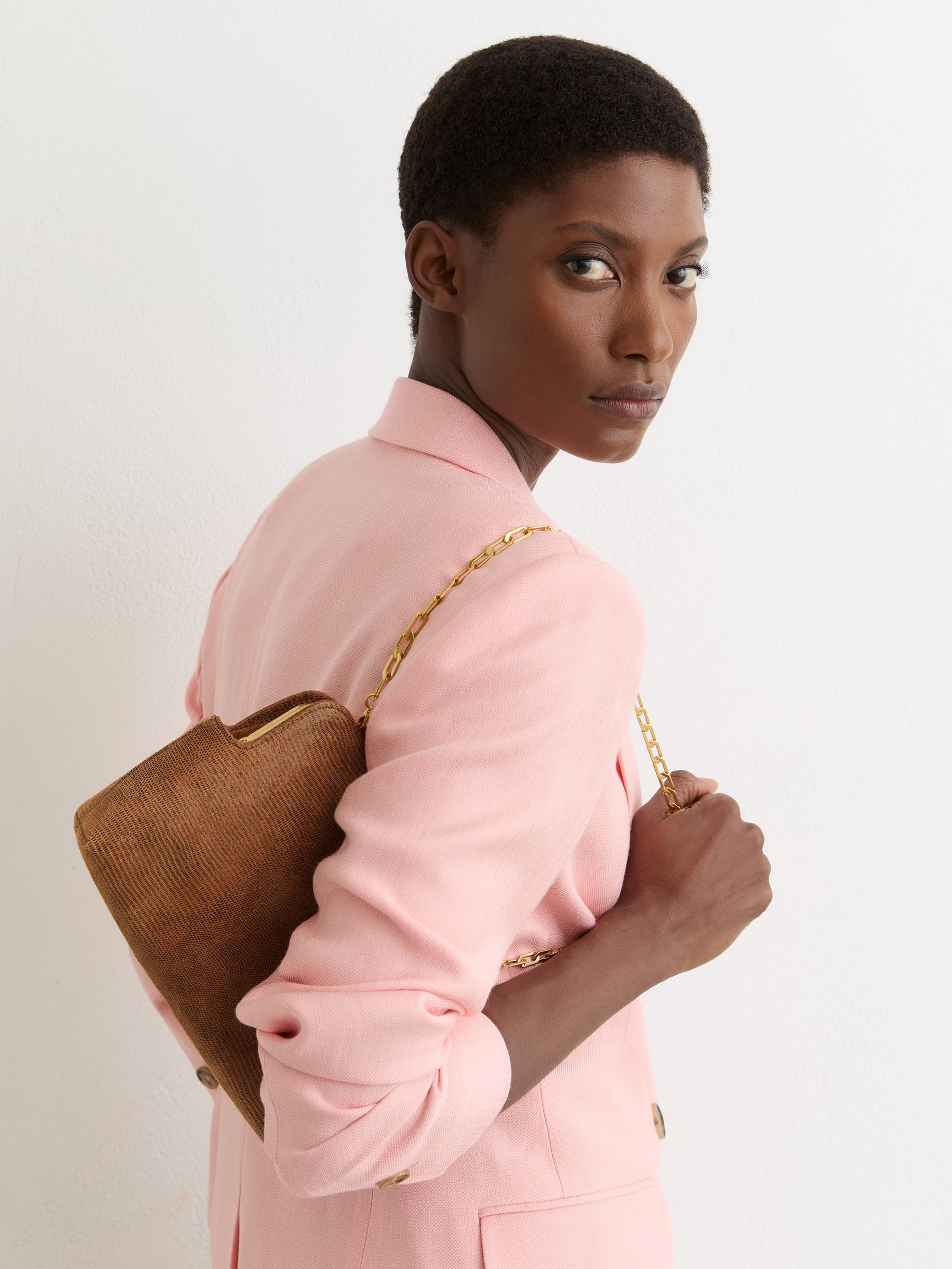Suede Lizard-Effect Frame Clutch Bag in Tan - image 2