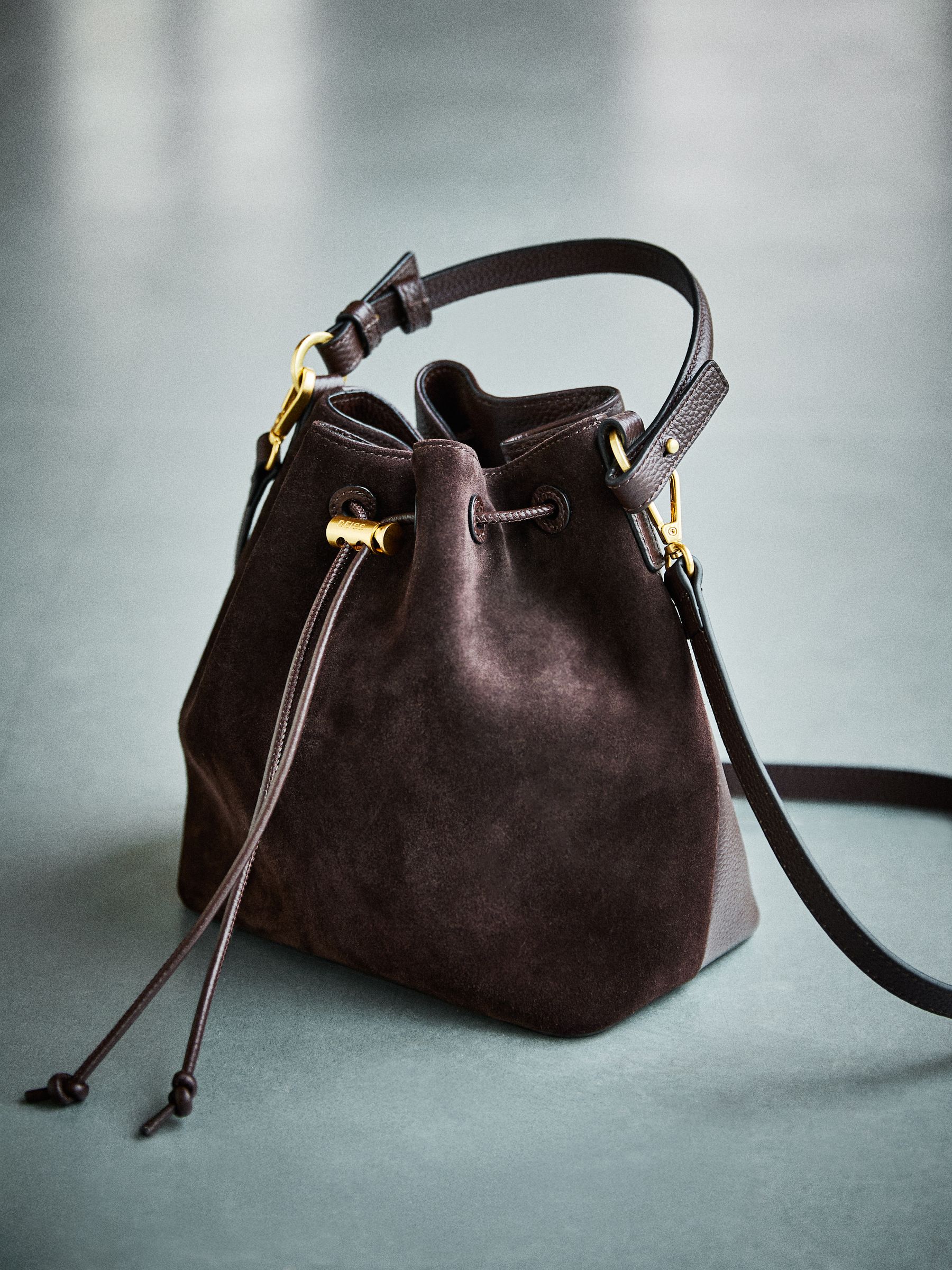 Suede and Leather Bucket Bag in Chocolate - Image 1 of 8