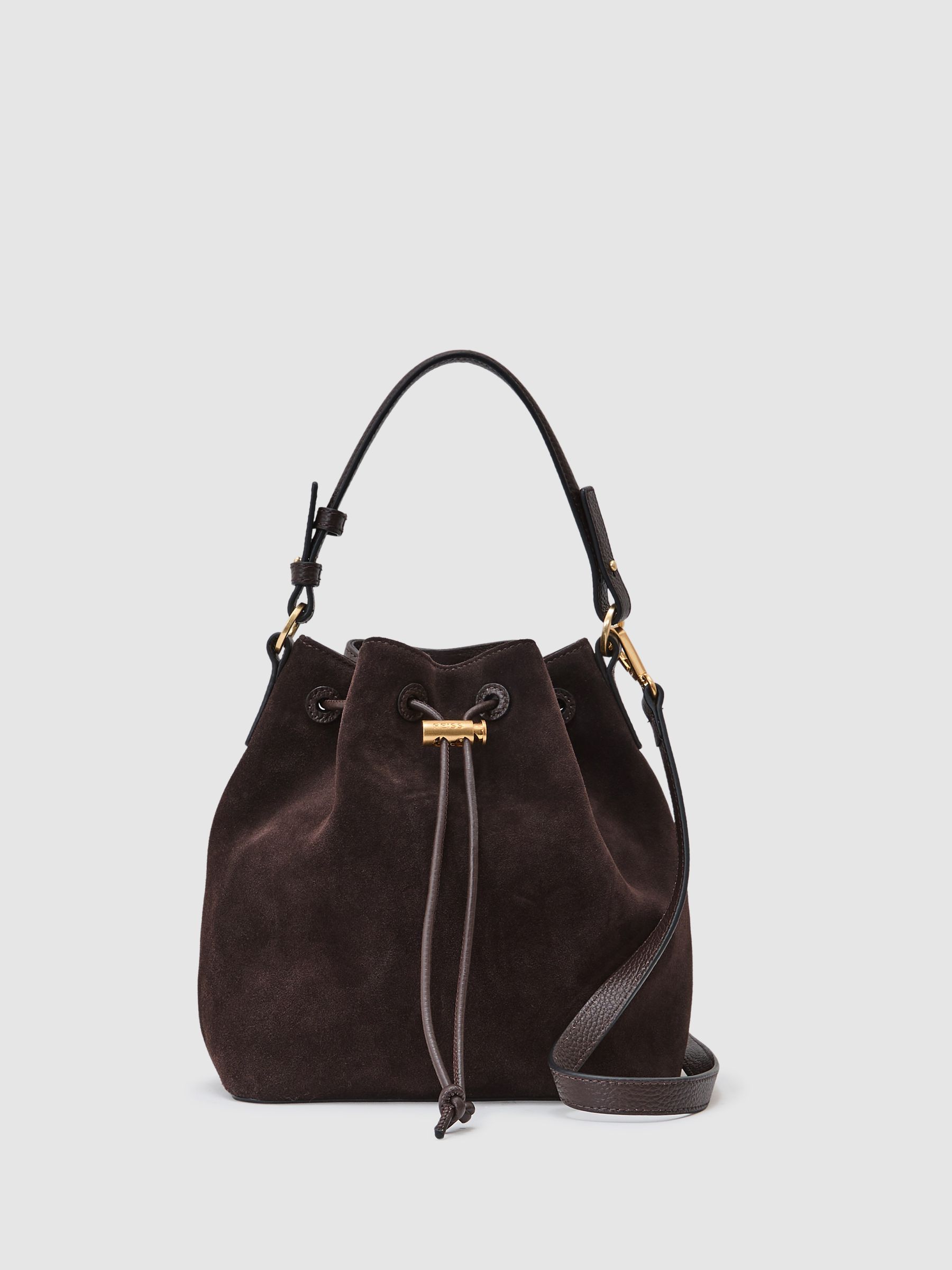 Suede and Leather Bucket Bag in Chocolate - Image 2 of 8