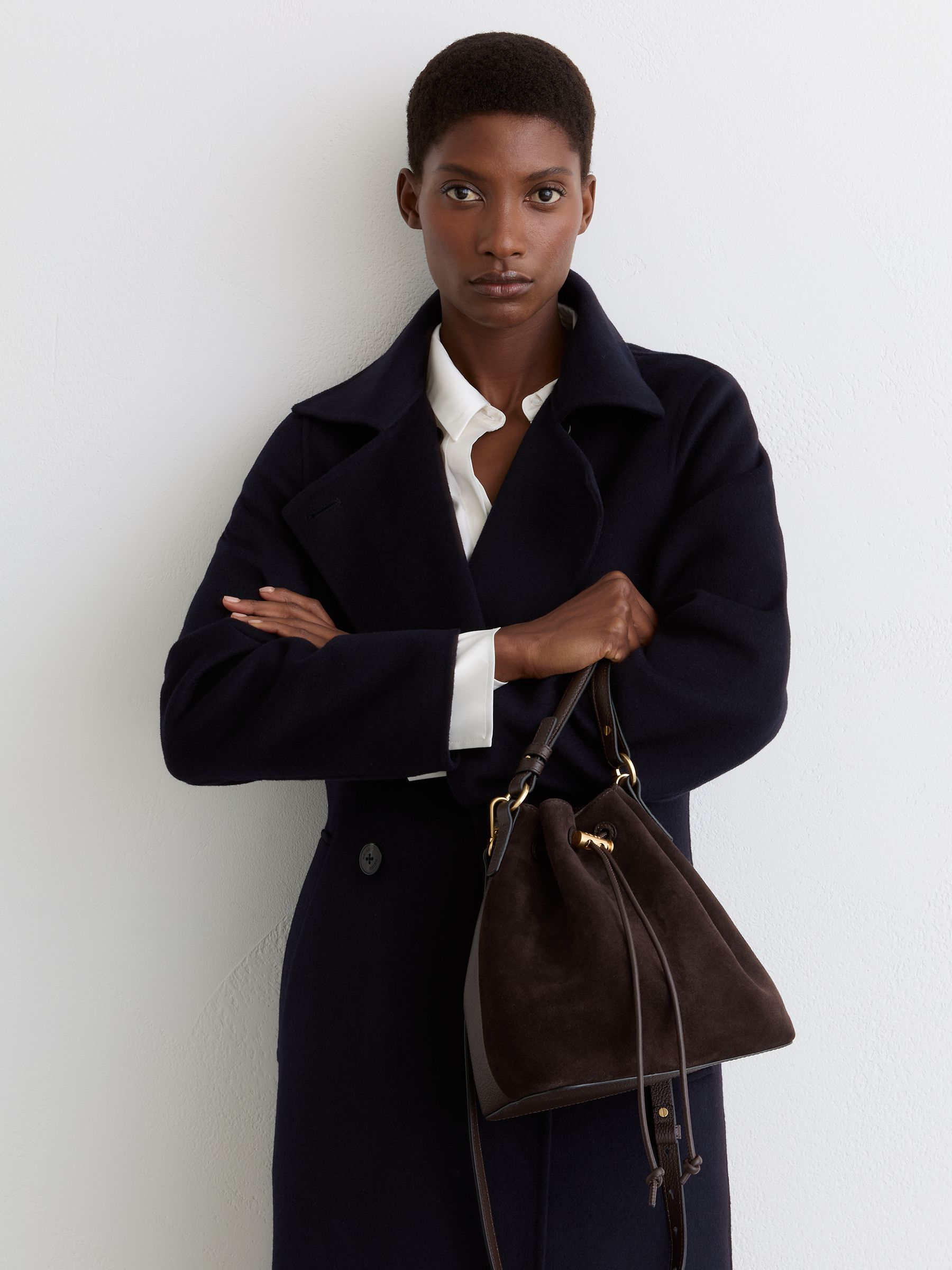 Suede and Leather Bucket Bag in Chocolate - Image 4 of 8